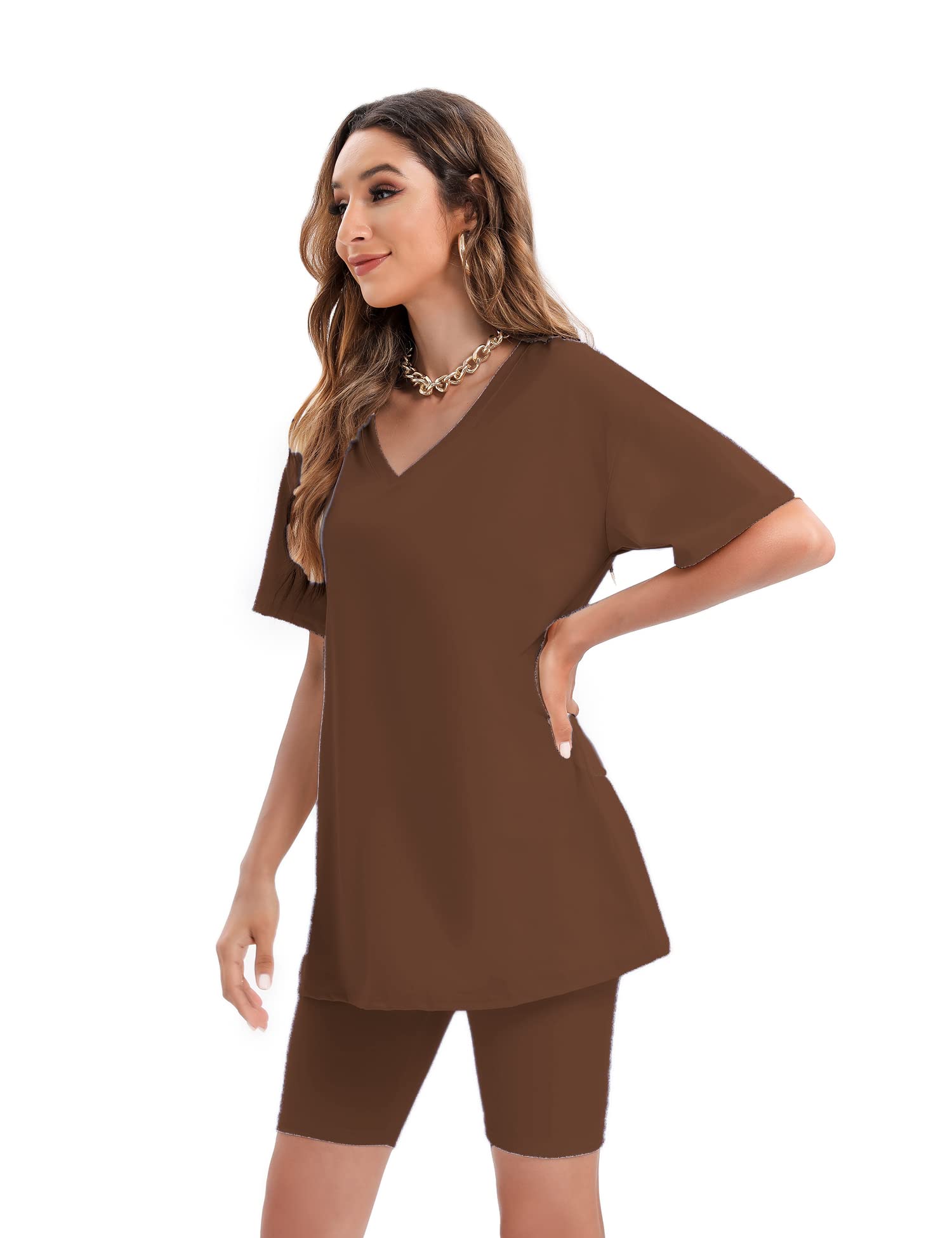 Youdiao Women's Summer Casual Two Piece Outfit - Oversized V-Neck T-Shirt & Biker Shorts Set | Lounge, Gym, Streetwear Fashion