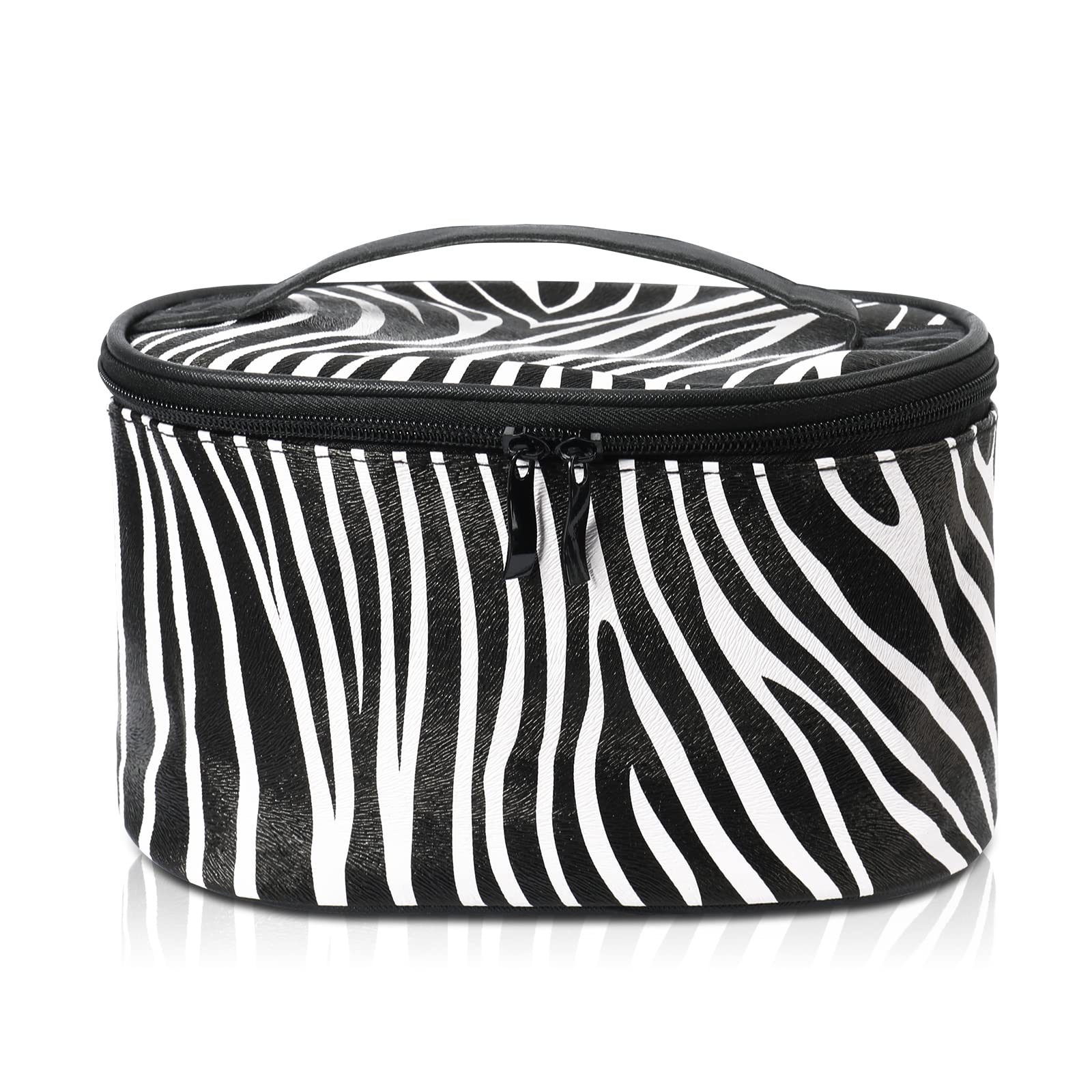 Labato Large Capacity Waterproof Round Makeup Bag Organizer - Travel Cosmetic & Toiletry Storage Pouch with Zebra Stripe Design (1PC) - Perfect for Cosmetics, Office Supplies, Travel Essentials & Daily Organization