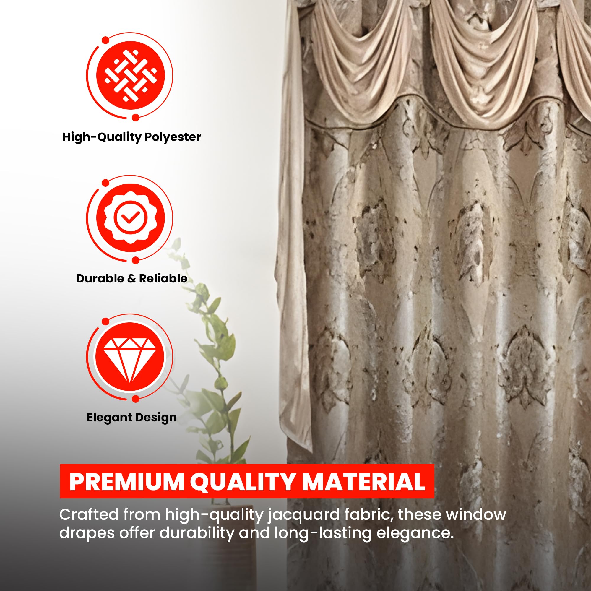 Premium Jacquard Window Curtains with Valance Scarf & Sheer Backing - Elegant Floral Drapes with Tassels for Living Room & Dining Room (Camel, 95 Inches) - Perfect for Home Decor, Sun Protection & Privacy