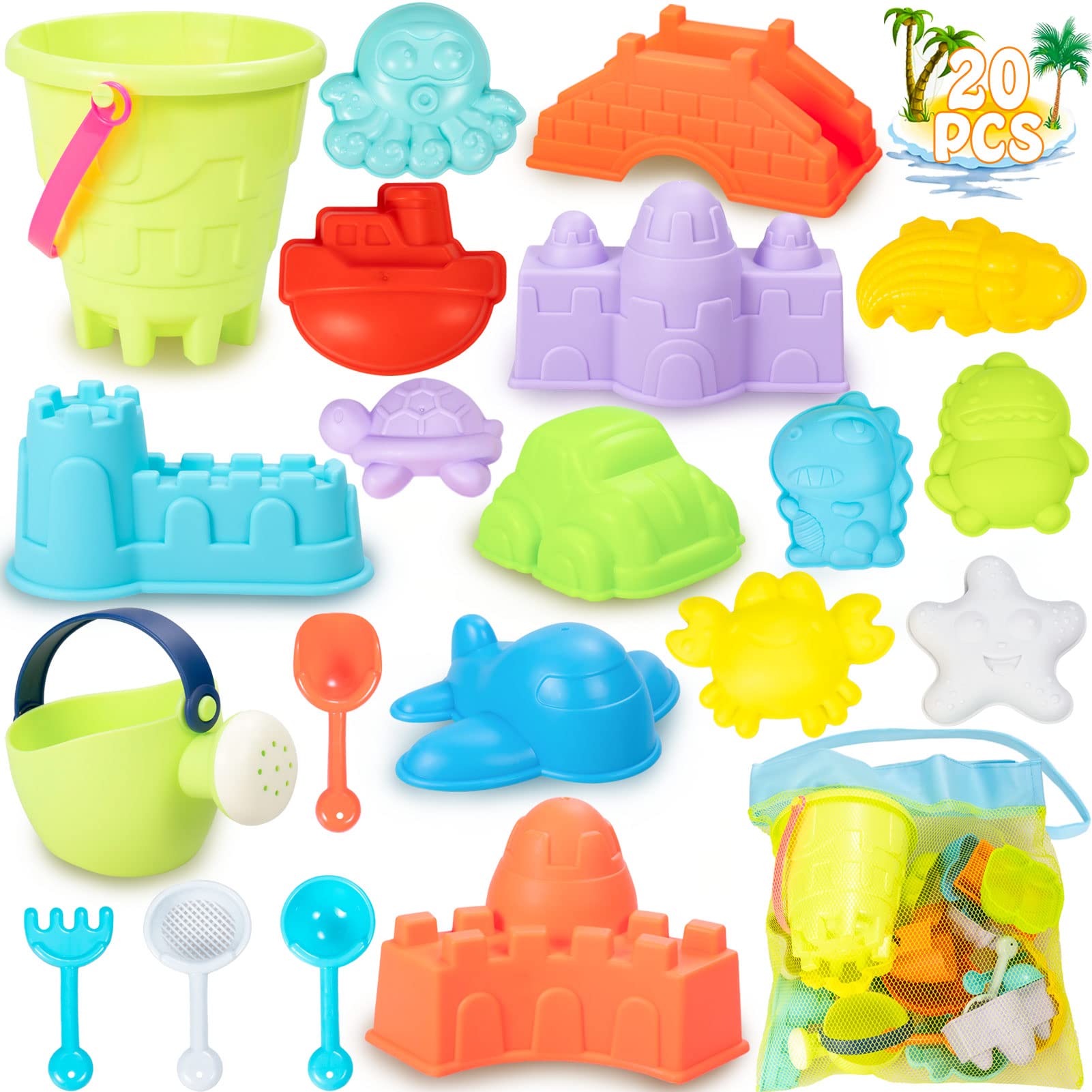 Kockuu 21Pcs Beach Sand Toys Set for Kids - Sand Castle Molds, Buckets, Shovels & Watering Can with Animal & Vehicle Shapes | Perfect for Beach Play, Sandcastle Building & Outdoor Summer Activities