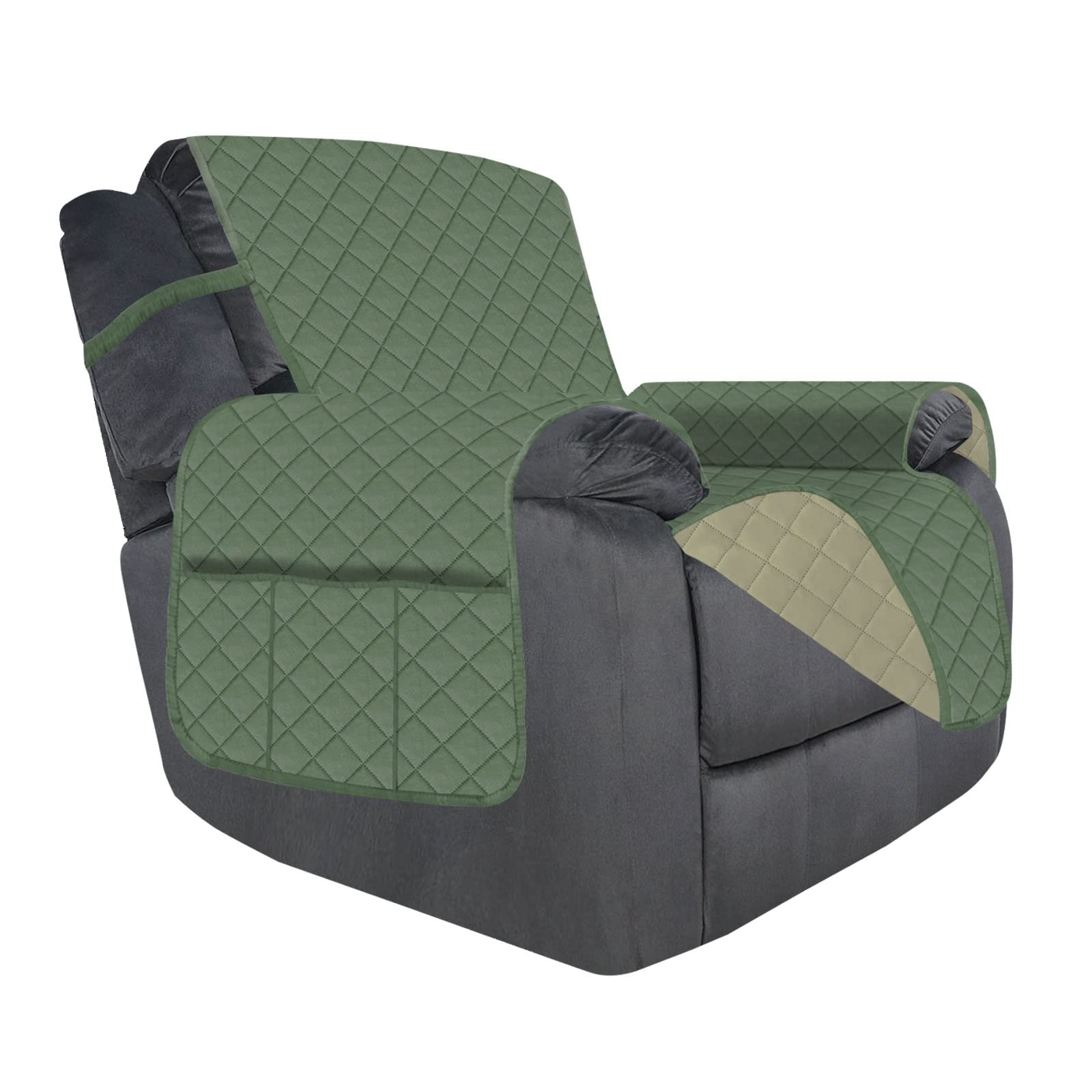 Deeky Recliner Chair Covers for Large Recliners - Reversible Water-Resistant Slipcovers with Elastic Straps - Protects Furniture from Pets & Dogs - Greyish Green/Beige - Perfect for Living Room, Home Theater & Family Room Decor