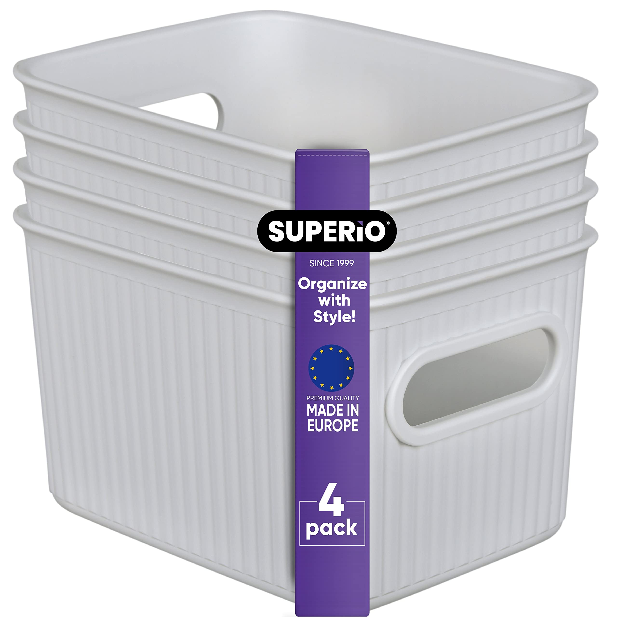 Superior Ribbed Plastic Storage Bins - 4 Pack Small White Smoke Organizer Baskets for Home, Closet, Shelves & Drawers | 1.5L Decorative Open Container Boxes | Perfect for Bedroom, Bathroom & Office Organization