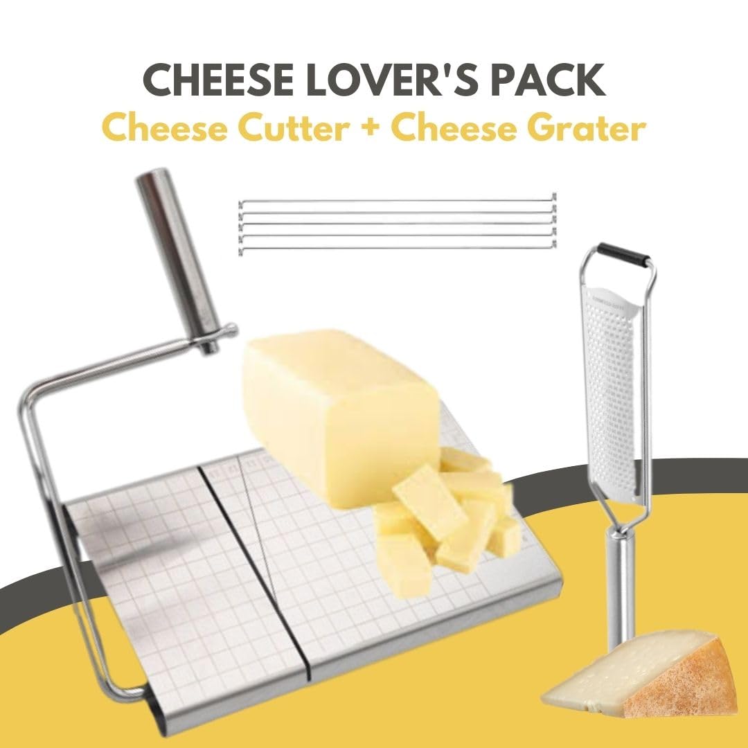 Premium Handheld Cheese Cutter & Grater Set - Stainless Steel Wire Slicer for Block Cheese with Wooden Board + 5 Replacement Wires - Perfect for Kitchen, Charcuterie Boards & Party Platters