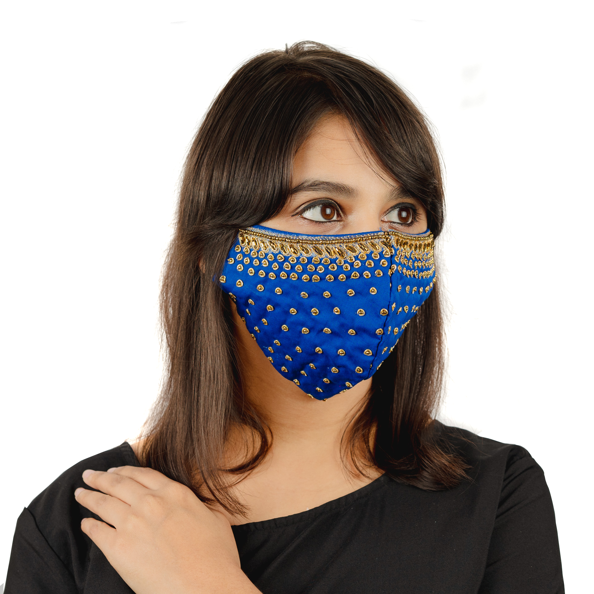 Royal Blue Cotton Face Mask with Gold Embroidery - Breathable & Stylish for Daily Wear, Parties, and Special Occasions