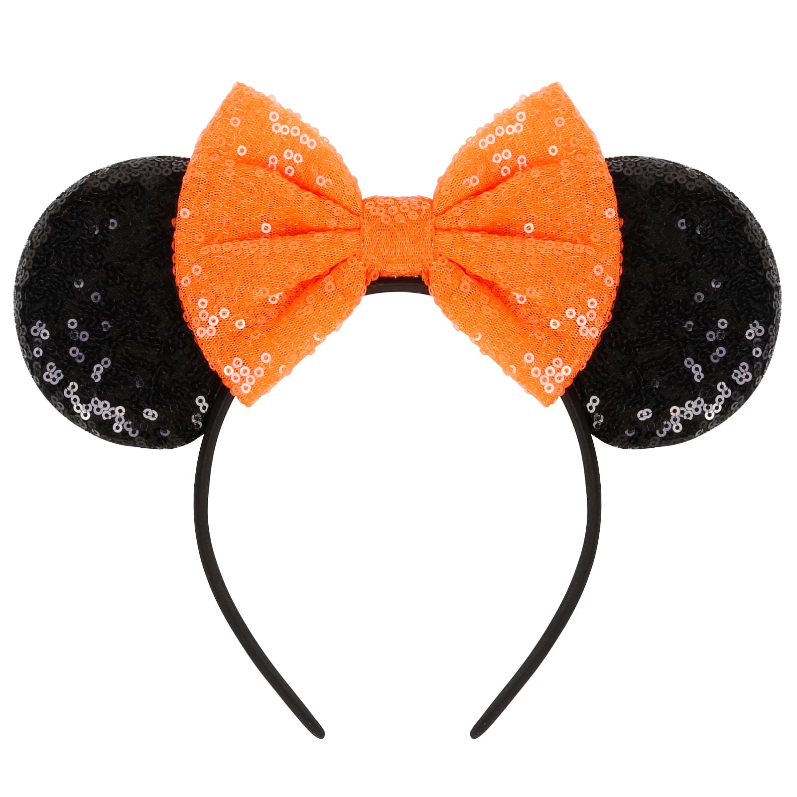 WOVOWOVO Halloween Mouse Ears Headbands for Women - Sparkly Orange Bow Headband with Sequins, Cute Cosplay Hair Accessories for Costume Parties, Disney Princess Theme Events & Halloween Celebrations