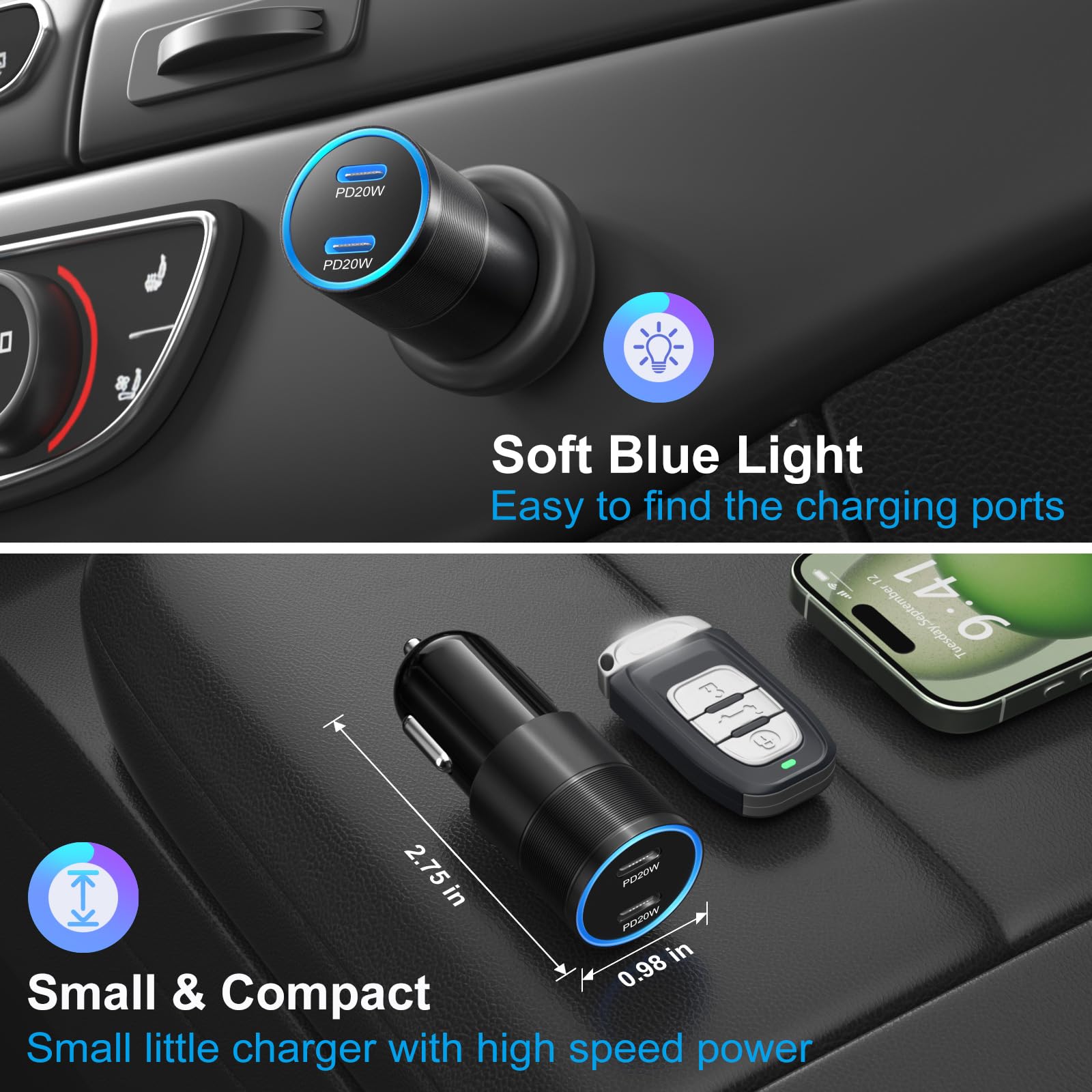40W USB C Car Charger with PD 3.0 Fast Charging - Dual Port 12V Cigarette Lighter Adapter for iPhone 16/15/14/13/12/11 Pro Max, Samsung Galaxy S24/S23, Google Pixel - Perfect for Road Trips & Daily Commute (Black)