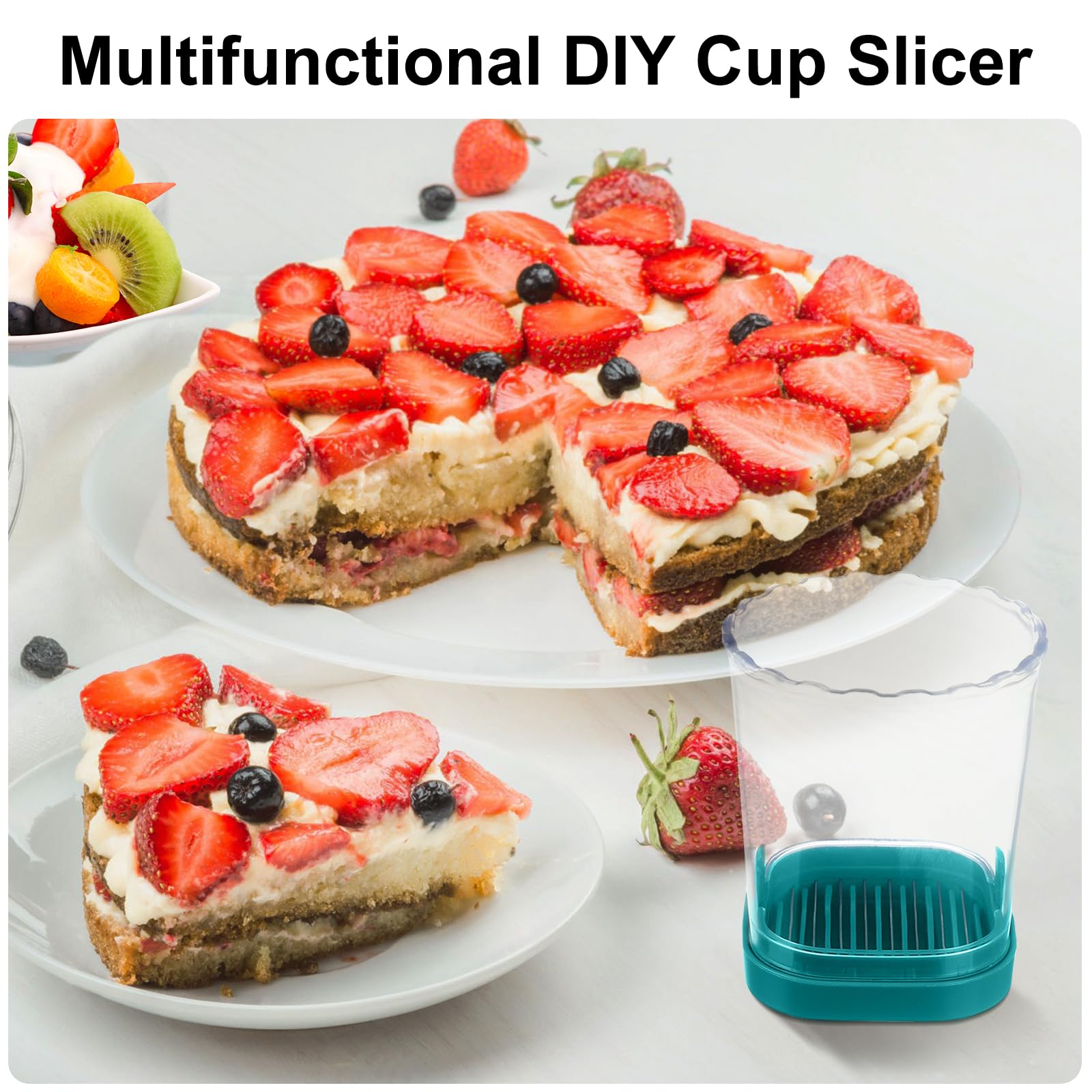 Strawberry Slicer Cup - Multi-Purpose Fruit & Vegetable Cutter for Strawberries, Eggs, Bananas, Mushrooms, Cucumbers, Kiwi - Kitchen Gadget Tool (Dark Teal) - Perfect for Fruit Salads, Smoothie Bowls & Meal Prep