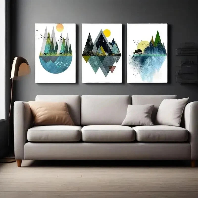 3-Piece Abstract Geometric Mountain Landscape Metal Wall Art - Ready to Hang Modern Home Decor for Living Room, Bedroom & Office