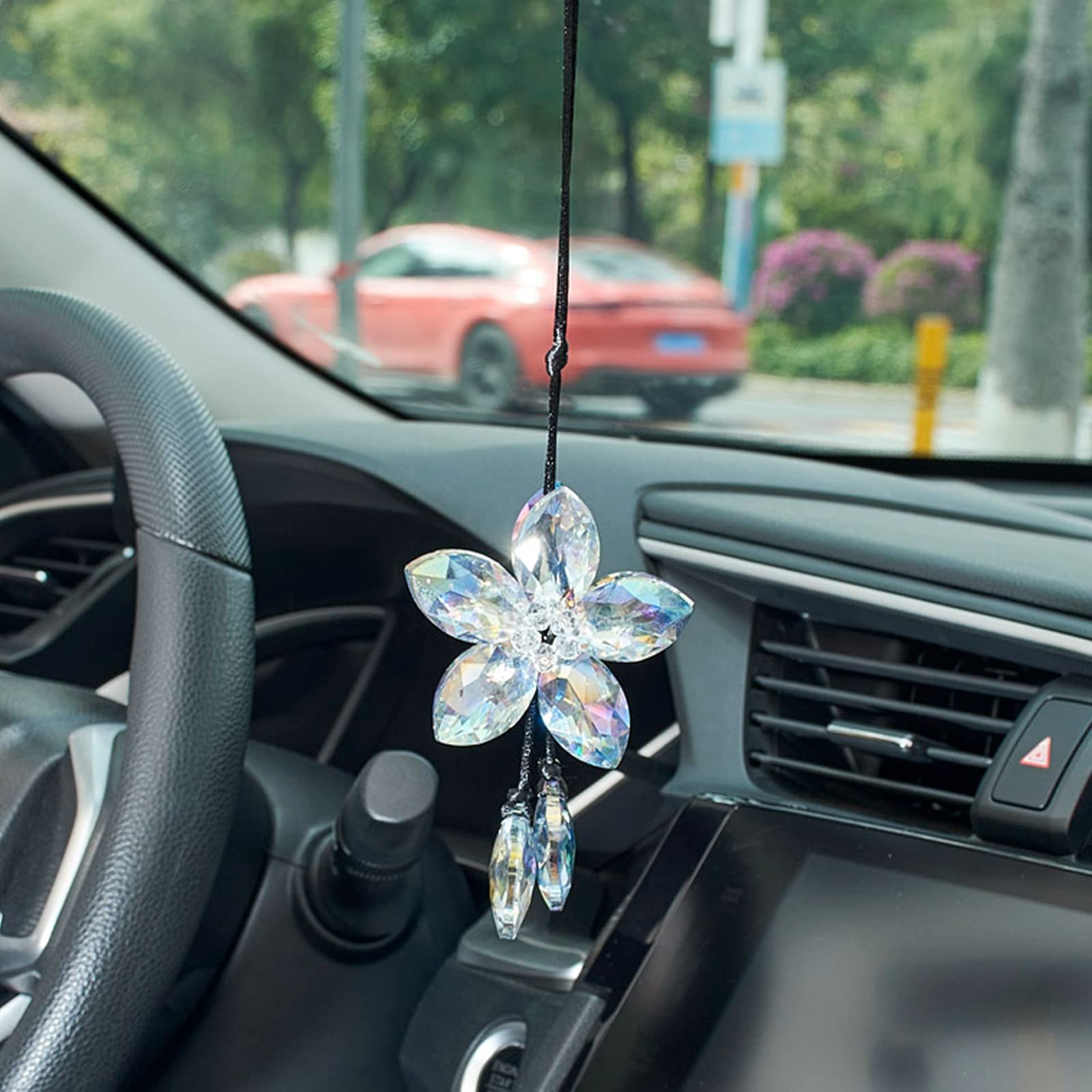 AuMoHall Crystal Flower Car Rear View Mirror Pendant - Lucky Green Hanging Ornament for Car Decor & Protection | Perfect Gift for Drivers, Birthday, Christmas & New Year | Enhance Your Vehicle's Style & Safety