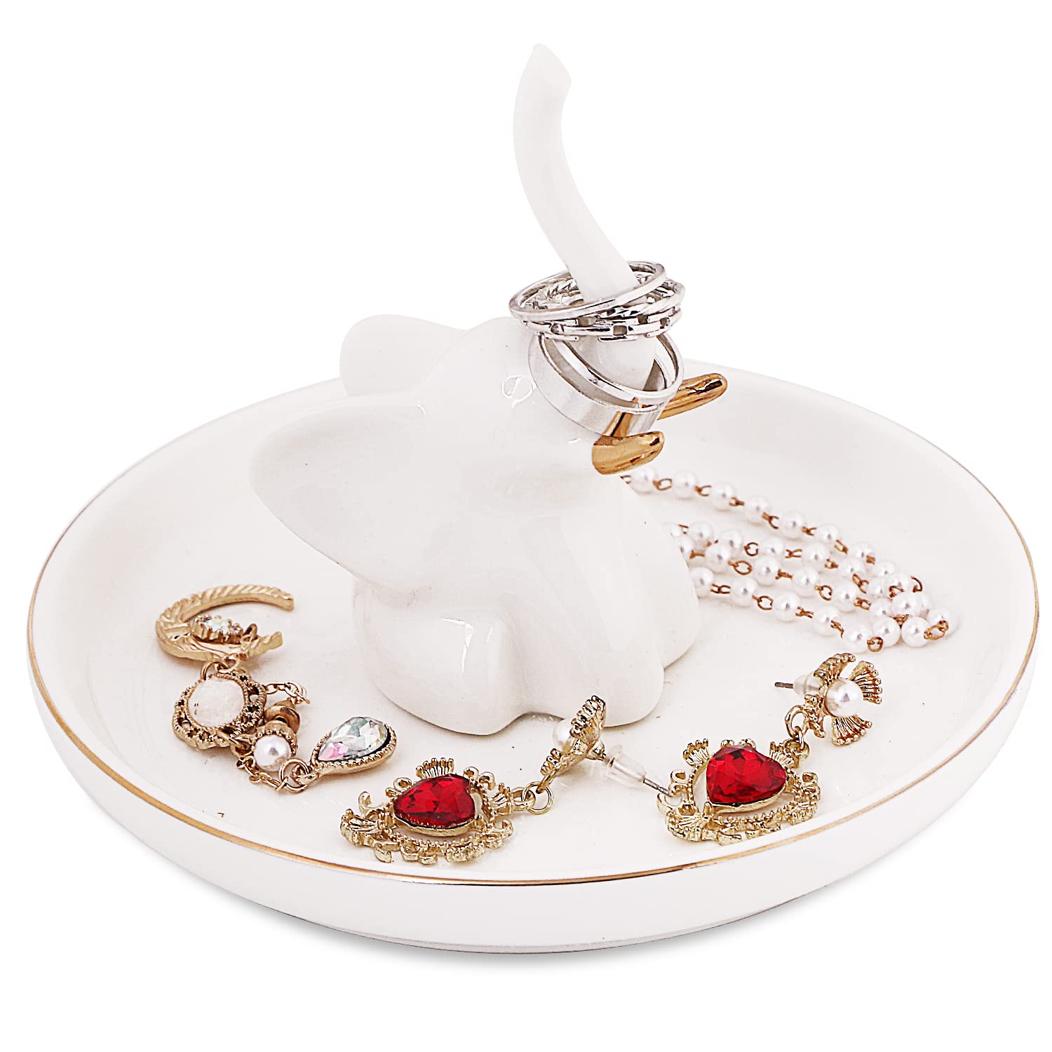CERANEE White Elephant Trinket Dish - 5 Inch Ceramic Jewelry Tray for Rings, Necklaces & Bracelets | Elegant Jewelry Holder for Women | Perfect for Dresser, Vanity, Nightstand & Gift Giving