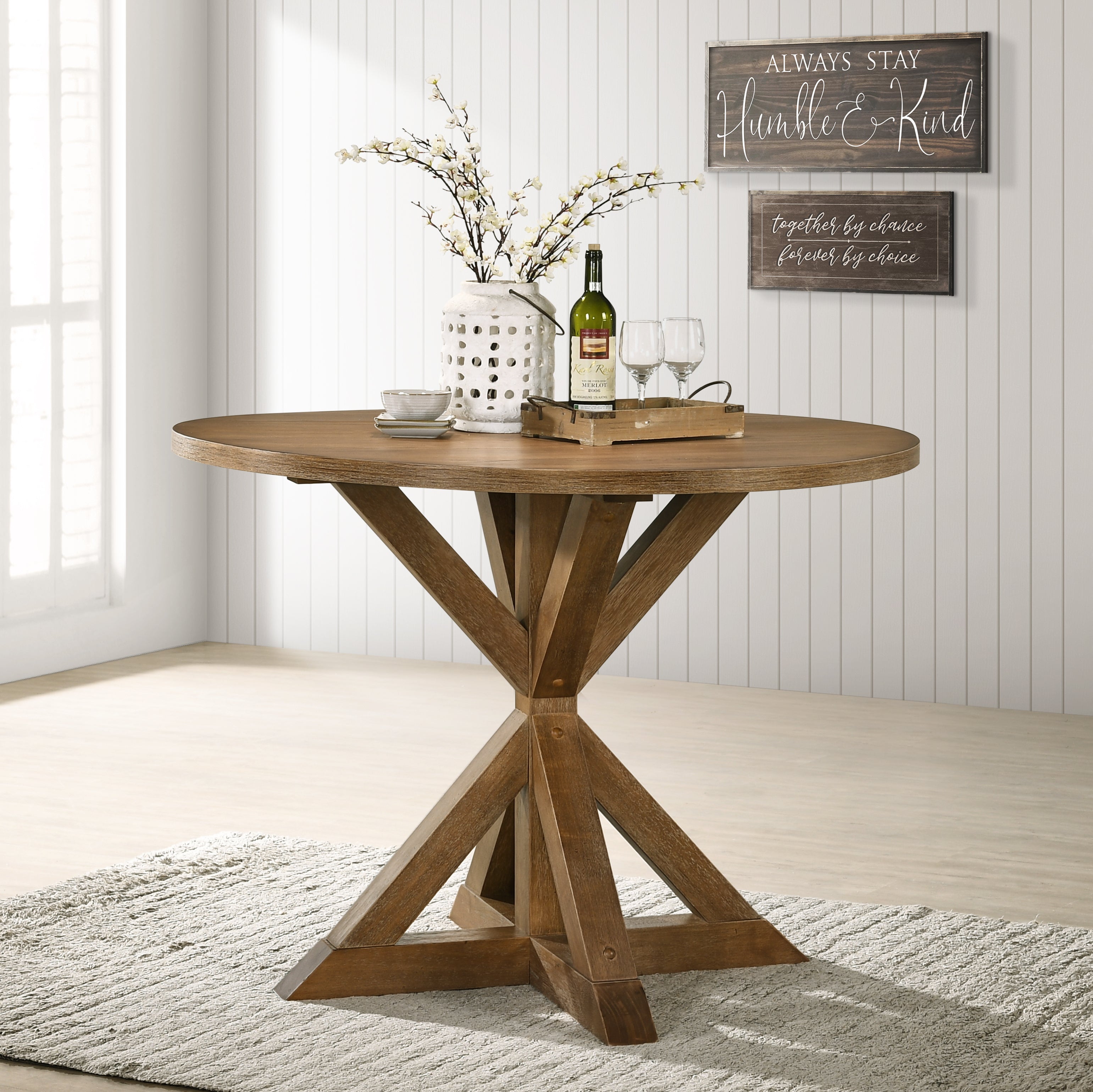 Roundhill Furniture Windvale Cross Buck Base Counter Height Dining Table - 36 Inch Round Kitchen Table for Small Spaces, Breakfast Nook & Bar Height Dining - Rustic Farmhouse Style with X-Leg Design