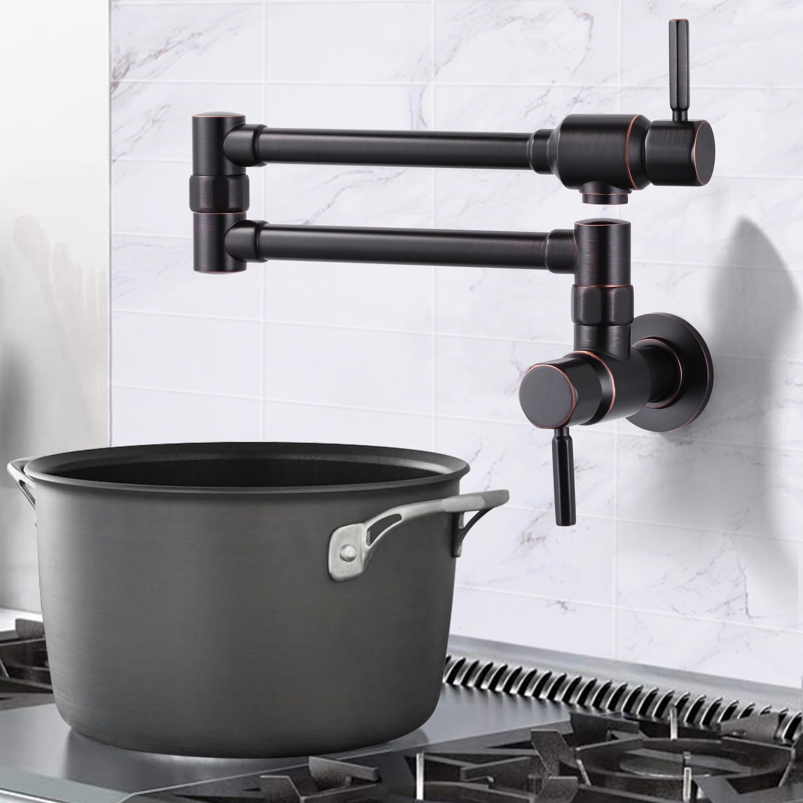 ALEASHA Oil Rubbed Bronze Wall Mount Pot Filler Faucet - Solid Brass Heavy Duty Kitchen Faucet with Dual Swing Arms & 2 Handles - Perfect for Stove, Cooking, and Large Pots (Commercial & Home Use)