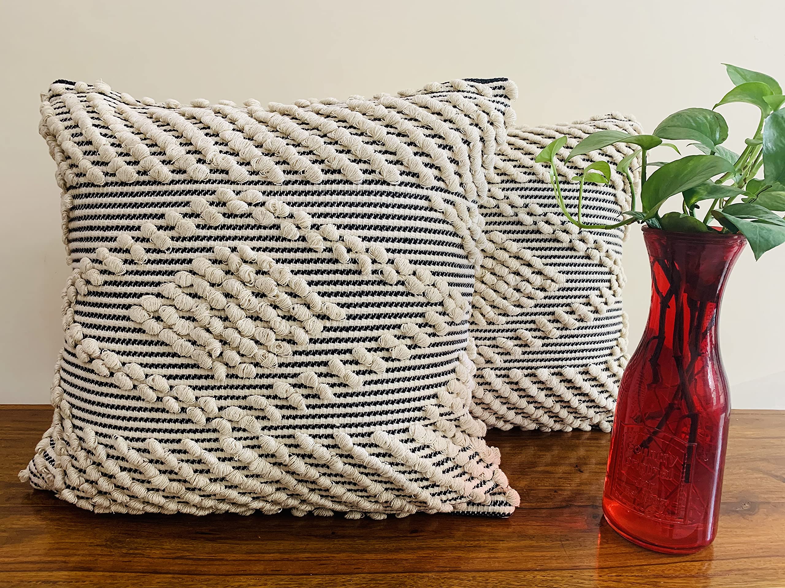 Boho Throw Pillow Covers Set of 2 - 18x18 Inch Handwoven Cotton Decorative Tassel Pillow Cases for Sofa, Bed & Living Room - Natural Tufted Hug Pillow Covers with Loop Handloom Design | Perfect for Bohemian Home Decor, Cozy Reading Nooks & Accent Pillows