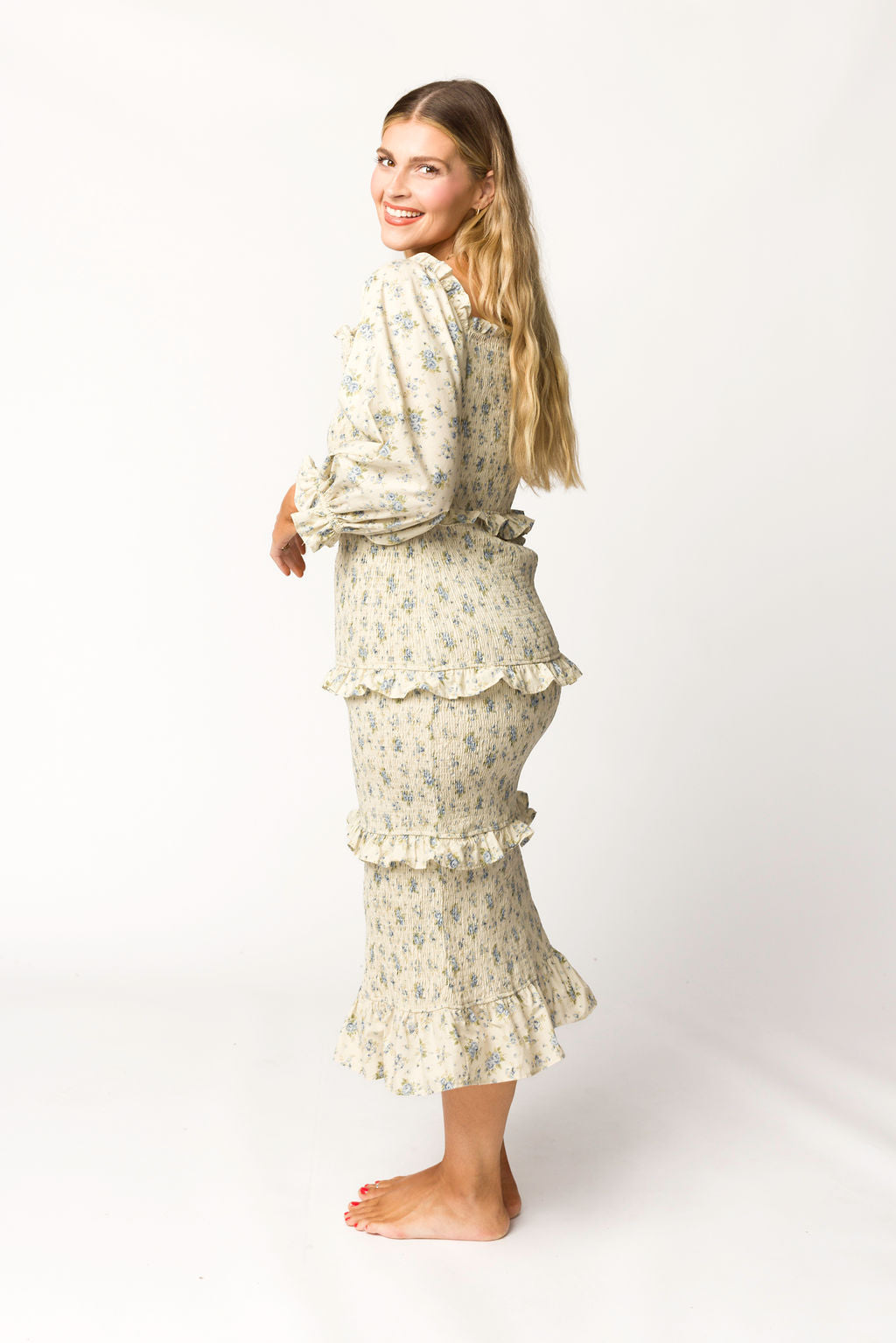 Lila Floral Printed Smocked Midi Dress in Blue - Bump Friendly Maternity Dress for Pregnancy, Nursing & Postpartum | Perfect for Baby Showers, Brunch Dates & Summer Outfits
