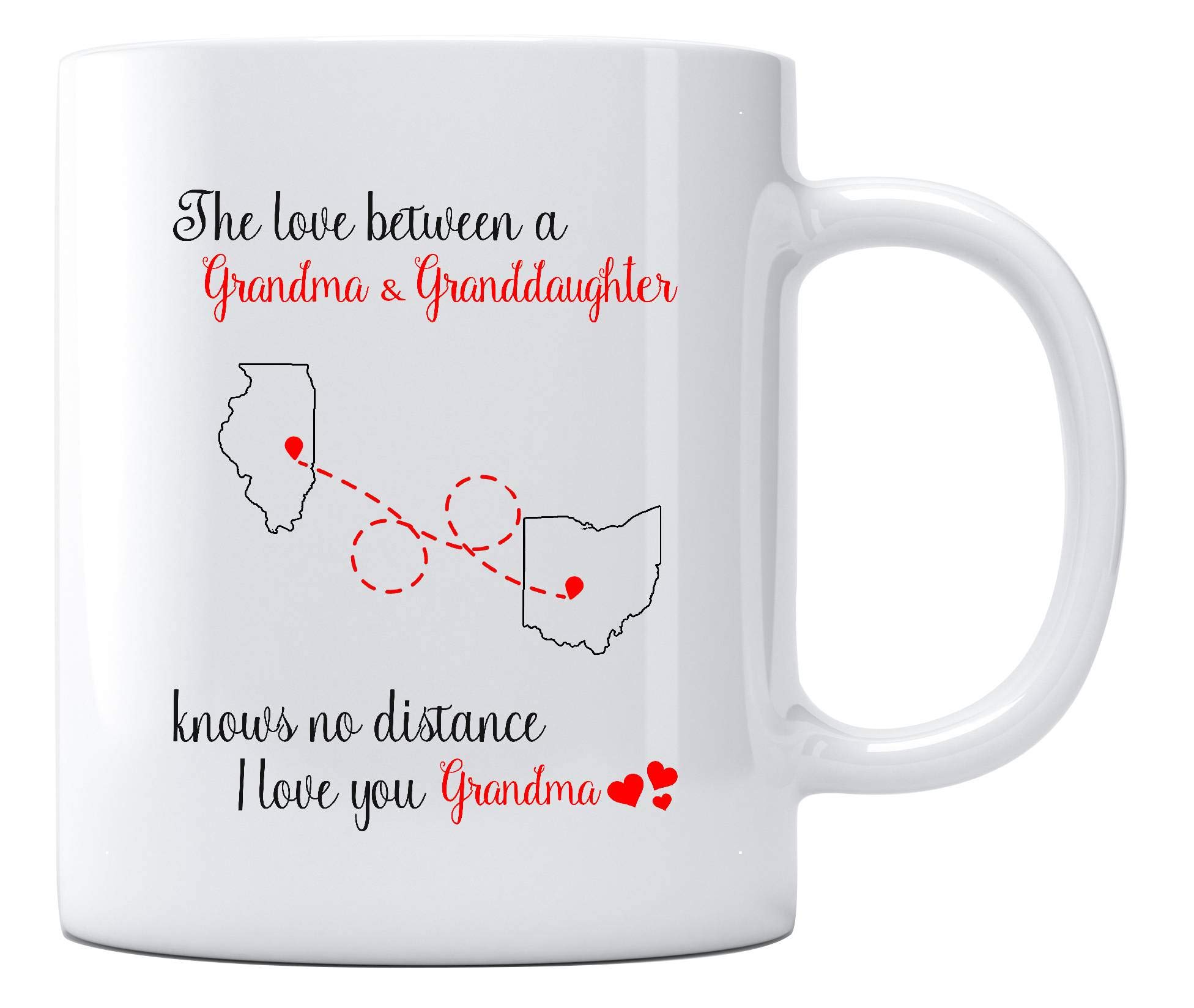 Personalized Grandma Coffee Mug - 11oz Heartwarming Gift from Granddaughter, Perfect for Illinois & Ohio - Celebrate Unbreakable Bond & Long-Distance Love - Ideal for Mother's Day, Birthday & Family Gatherings