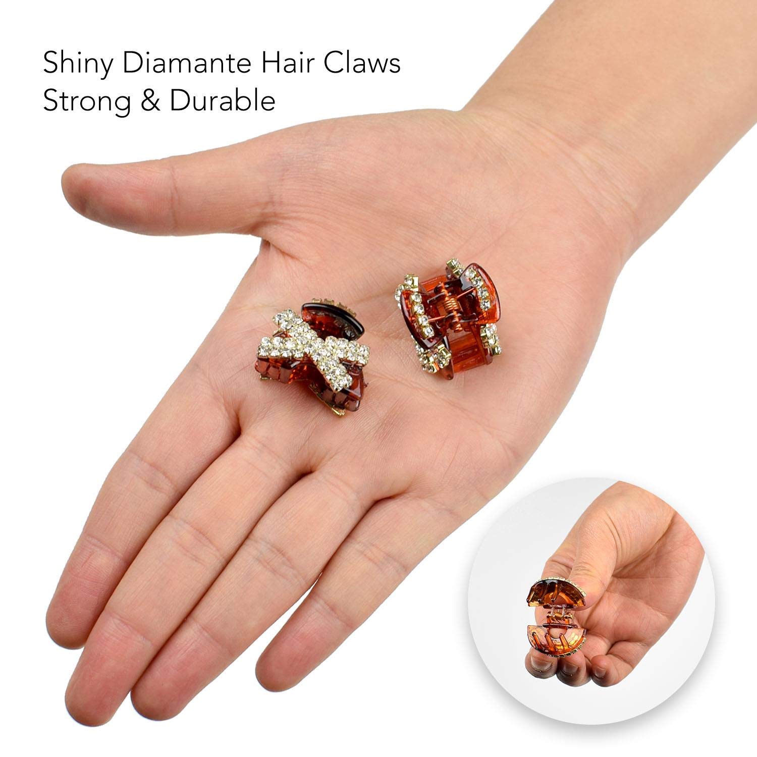 2 Pieces Shiny Mini Diamante Crystal Hair Clips with Ribbon, 1 inch (2.5cm) Tortoise Brown Hair Claw Clamps - Perfect for Parties, Weddings & Everyday Hairstyles