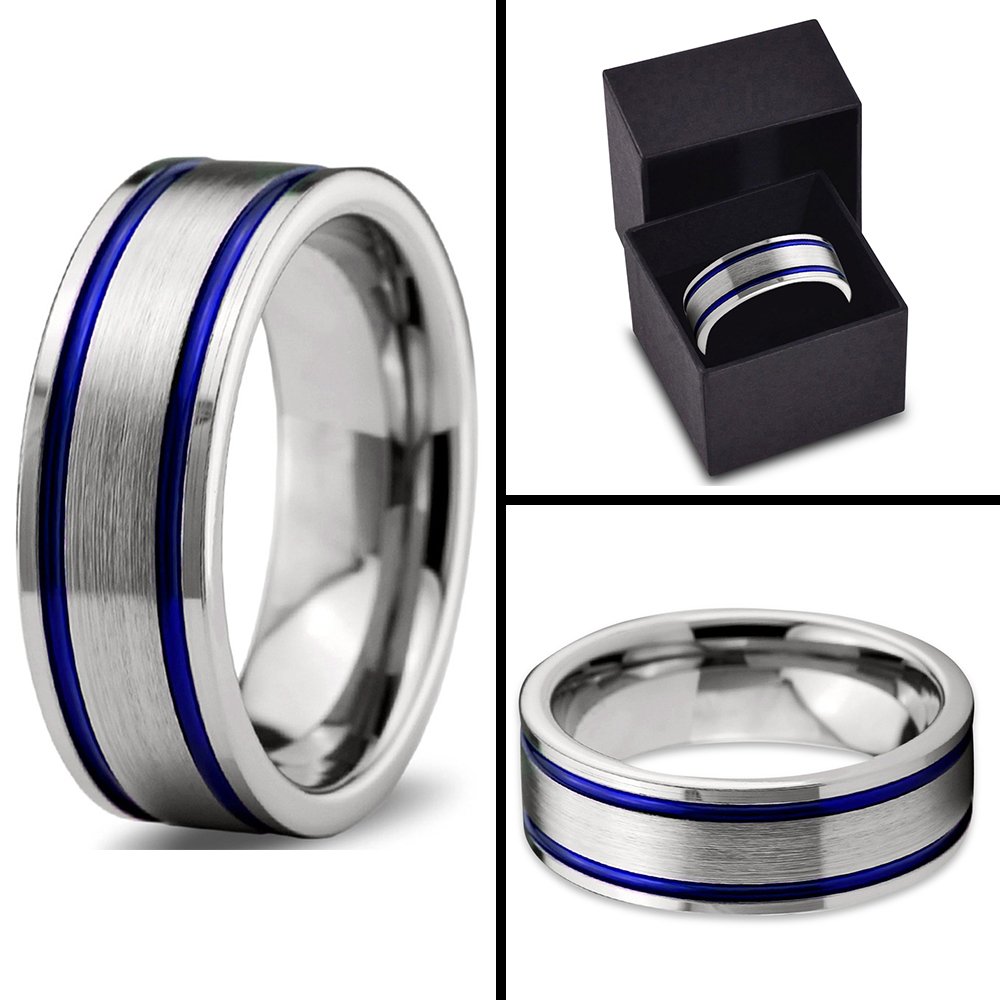 8mm Tungsten Carbide Wedding Band Ring for Men & Women - Blue Black Double Line Flat Cut, Brushed & Polished Finish - Custom Engraved Anniversary & Engagement Ring - Perfect for Weddings, Proposals & Special Occasions