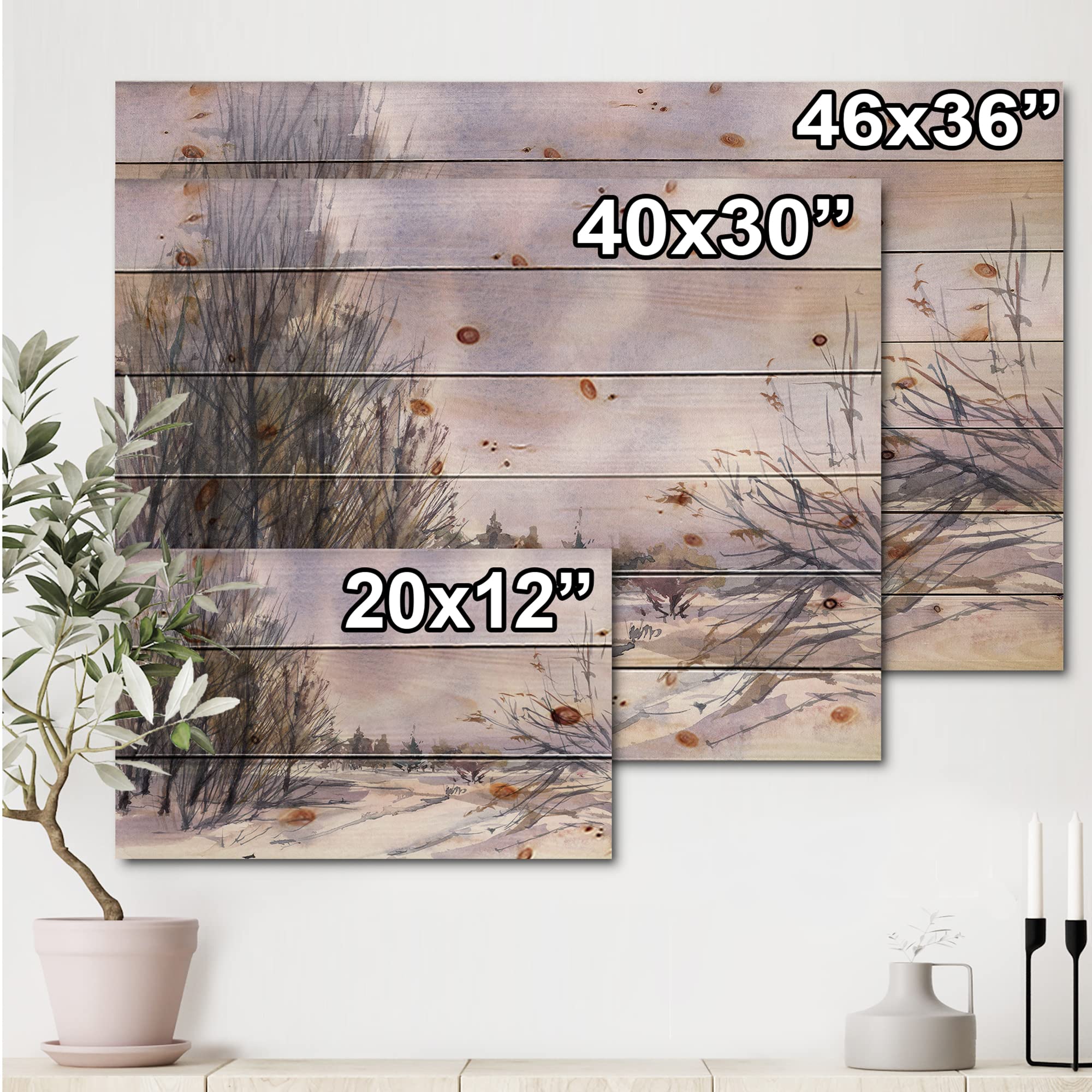 DesignQ Winter Landscape Wood Wall Art - Purple Snowy Pine Wood Panel Decor, Traditional Large Landscape Print for Living Room, Bedroom & Office