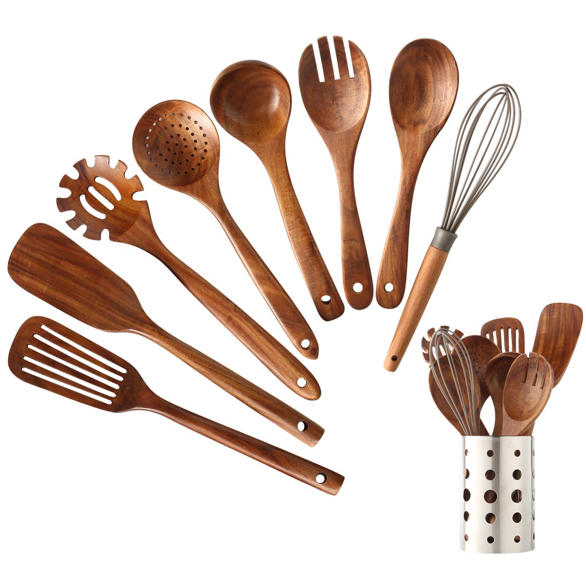 Premium 9-Piece Teak Wooden Kitchen Utensil Set with Stainless Steel Holder - Wooden Spoons, Spatulas & Cooking Tools for Baking, Stirring & Serving - Ideal for Home Chefs & Gourmet Cooking Gifts