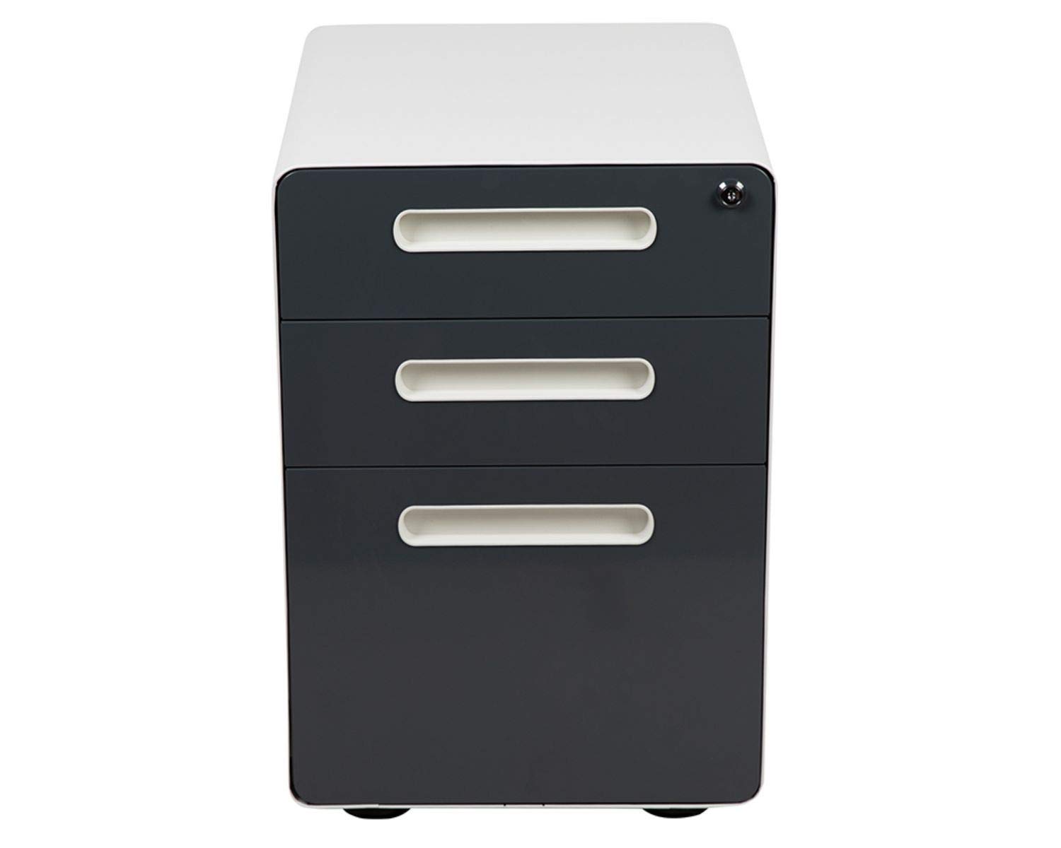 Flash Furniture Wren Ergonomic 3-Drawer Mobile Locking File Cabinet with Anti-Tilt Mechanism - Letter/Legal Size Drawers - White with Charcoal Faceplate - Perfect for Office, Home Office & Workspace Organization