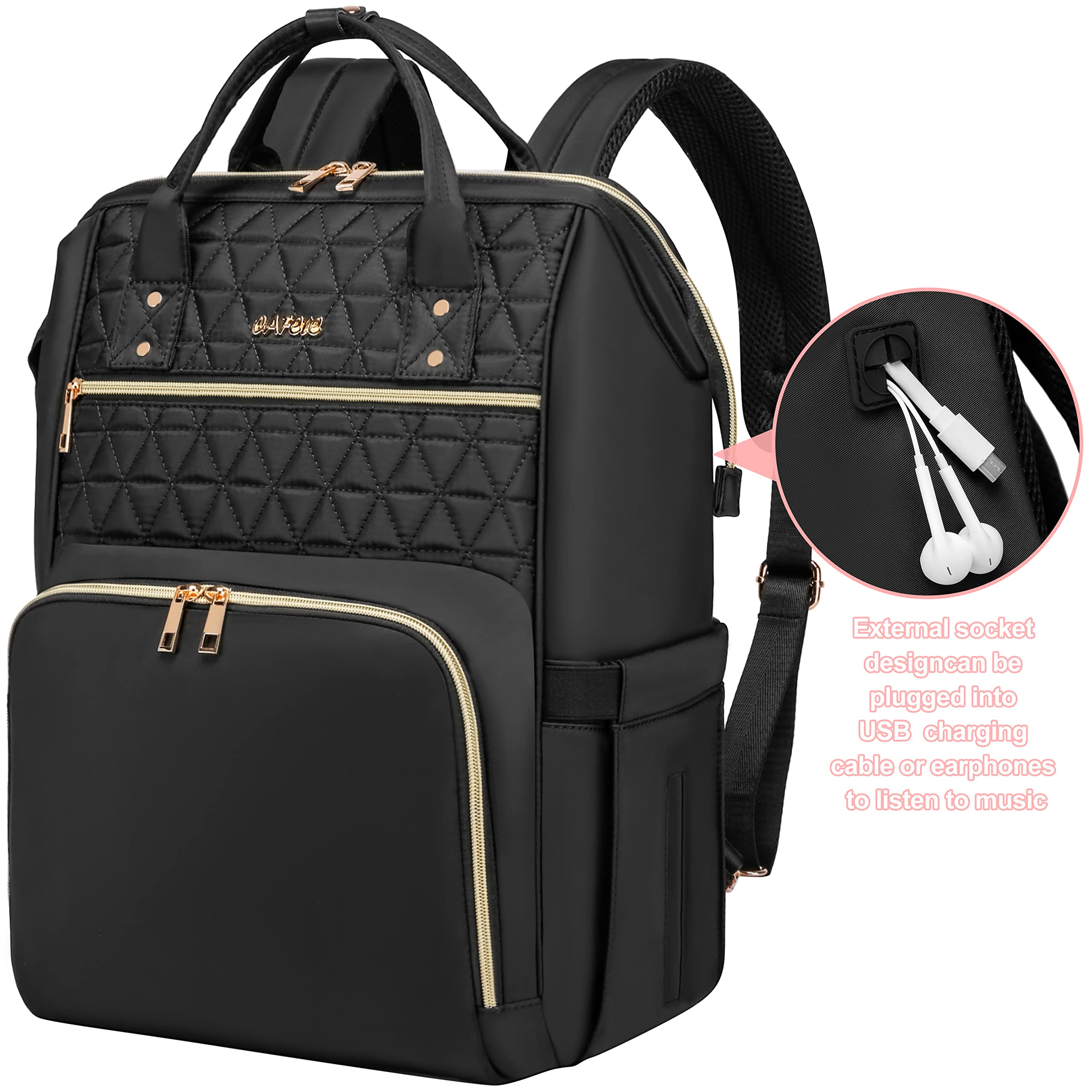 17.3 Inch Laptop Backpack for Women - Anti-Theft Business Backpack with USB Charging Port, Quilted Design - Perfect for Work, Travel & College (Black)