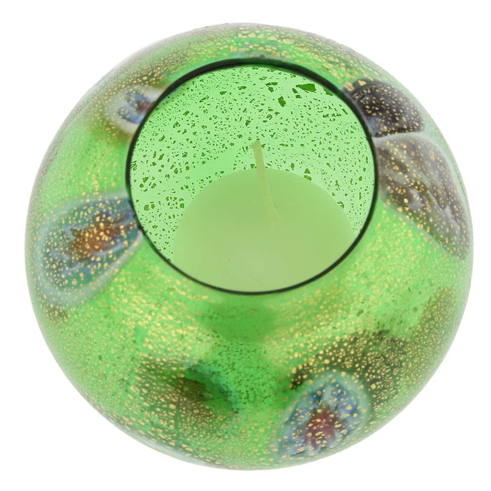 Venetian Murano Glass Millefiori Votive Candle Holder - Handcrafted Green Art Glass for Home Decor, Wedding Centerpieces & Gift Giving