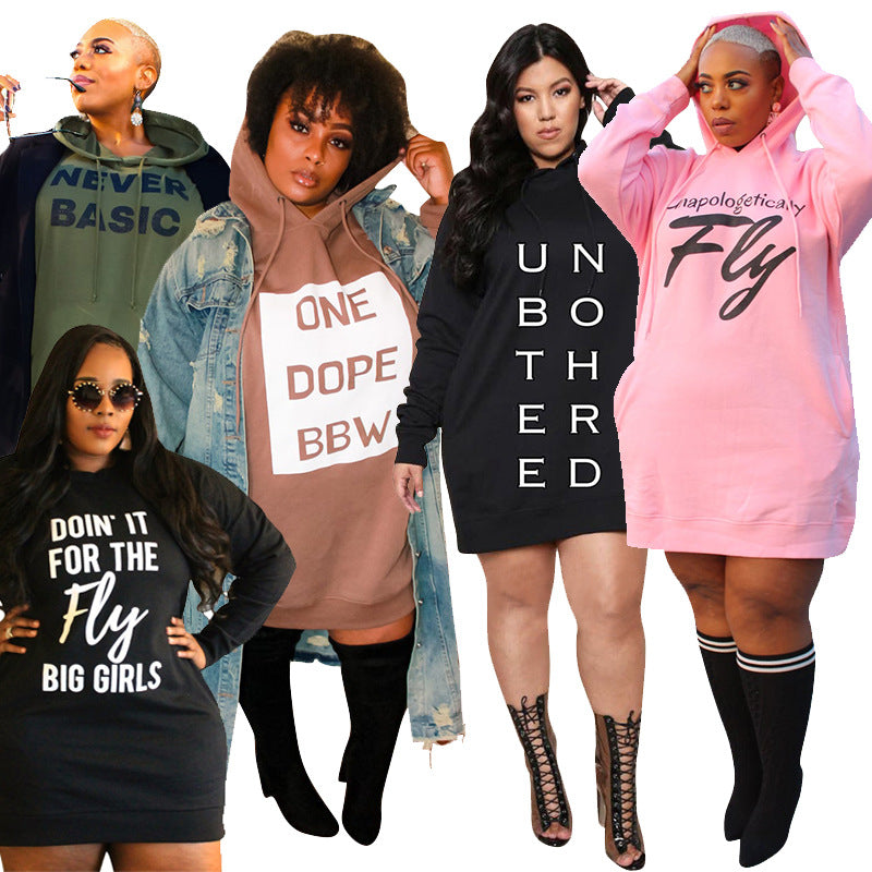 Plus Size Women's Letter Print Hoodie Dress - Casual Loose Mini Sweater Dress for Spring | Lounge Wear, Street Fashion & Everyday Comfort