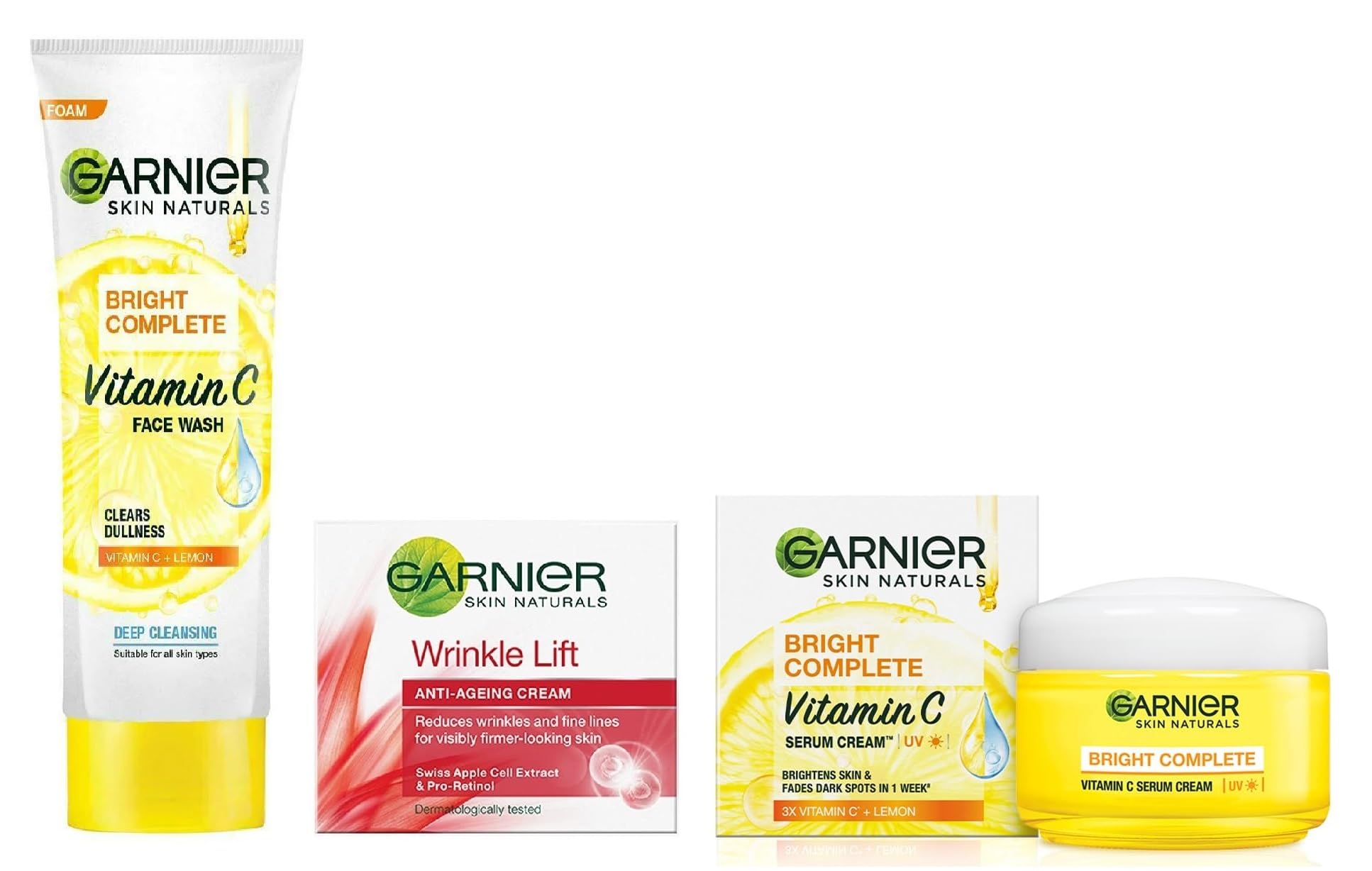 Garnier Skin Naturals Anti-Aging Cream 18g + Bright Complete Vitamin C UV Serum 23g + Vitamin C Foam Face Wash 50g - 3-Piece Skincare Set for Wrinkle Reduction & Brightening | Day & Night Moisturizing Routine