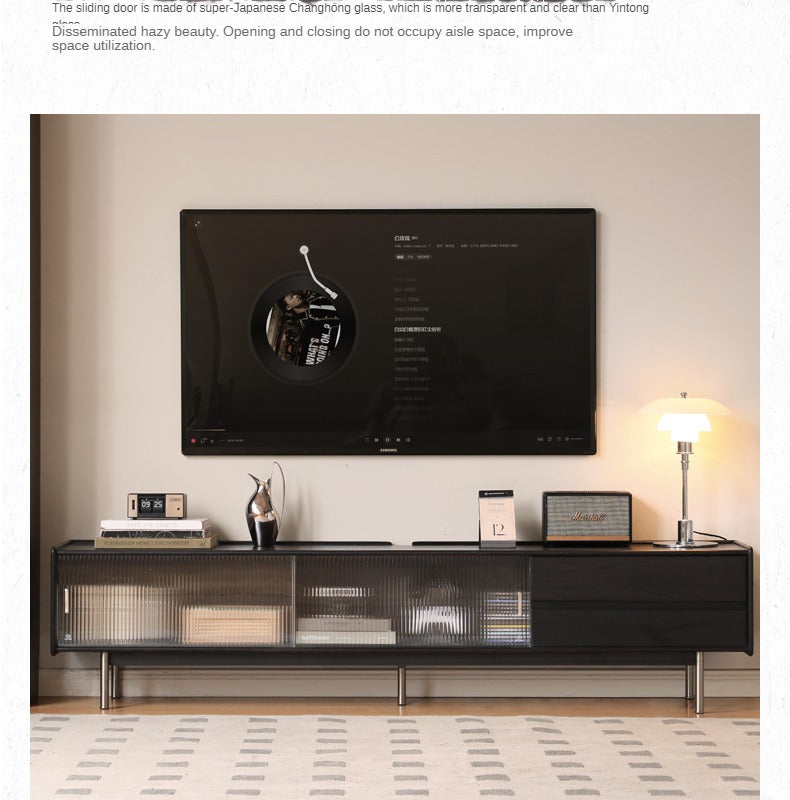 Oak Solid Wood Modern Black Floor TV Stand - Stylish Media Console for Living Room, Bedroom & Home Theater Setup