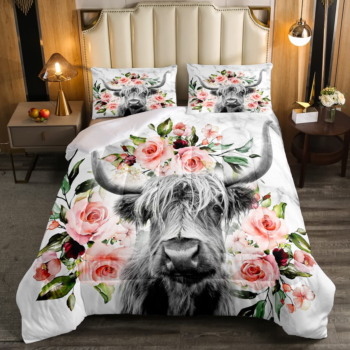 Erosebridal Highland Cow Floral Comforter Set Queen Size - Western Farmhouse Bull Cattle Bedding with Rose Grey Marble Design - Funny Animal Wildlife Quilt Set for Cozy Farmhouse & Rustic Bedroom Decor