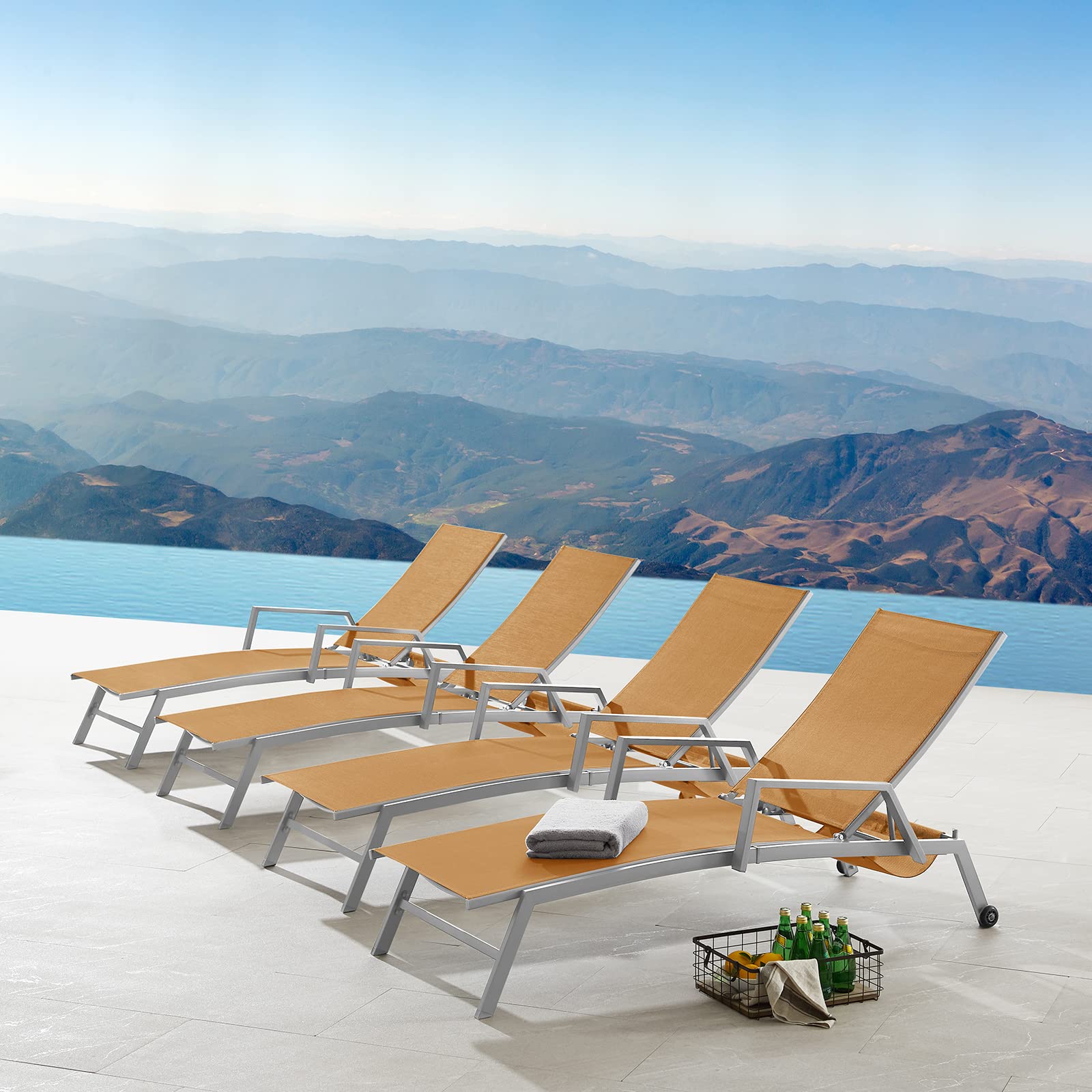Breathable Textilene Fabric Outdoor Chaise Lounge Chairs - Adjustable 5-Level Backrest, Modern Patio Recliner for Poolside, Balcony & Garden - Orange Set of 4 - Perfect for Sunbathing, Relaxing & Outdoor Lounging