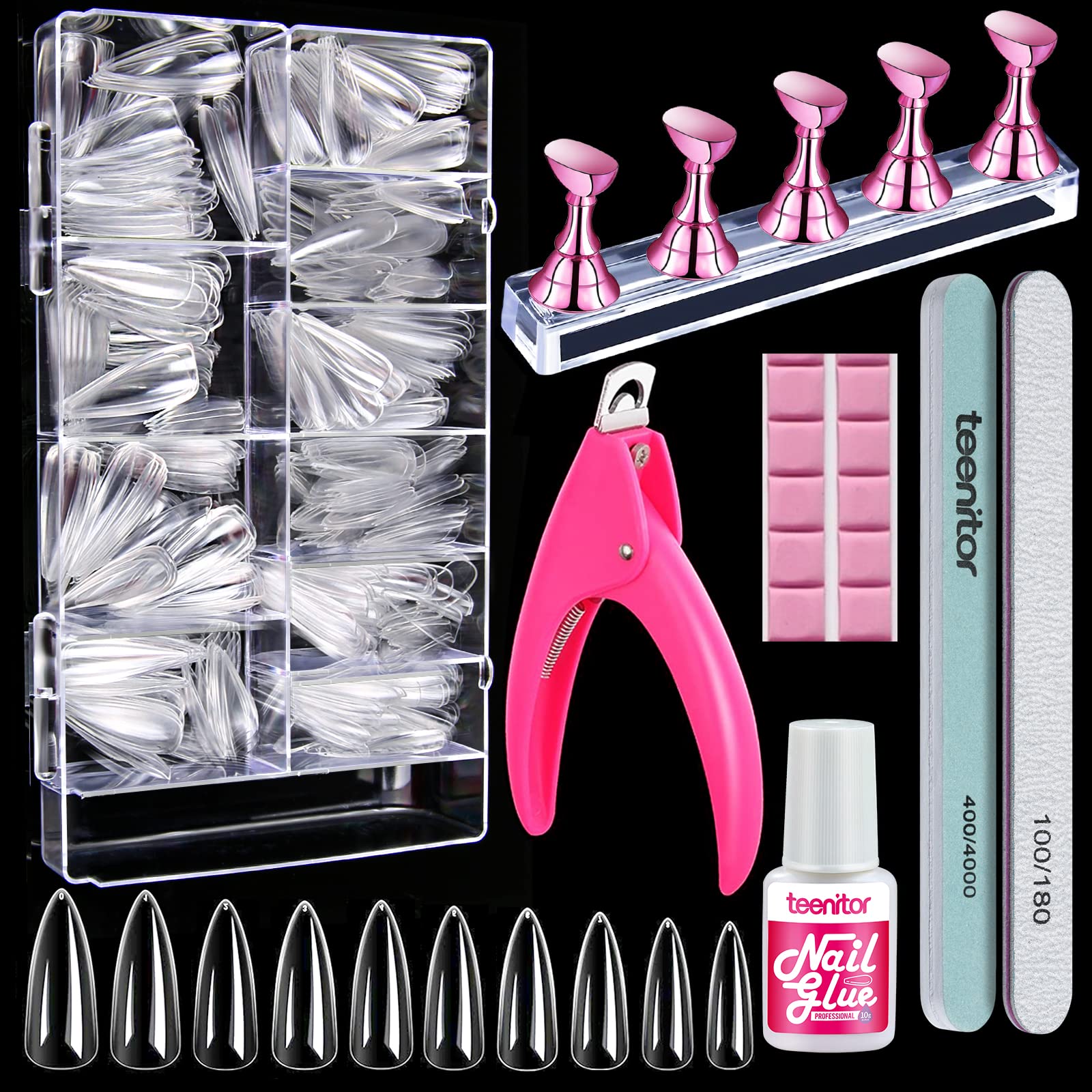 600pcs Clear Stiletto Nail Tips - Long Full Cover Acrylic Fake Nails with Glue & Nail Stand | Almond Shape Press On Nails for Women | Perfect for Salon, DIY Manicures & Special Occasions