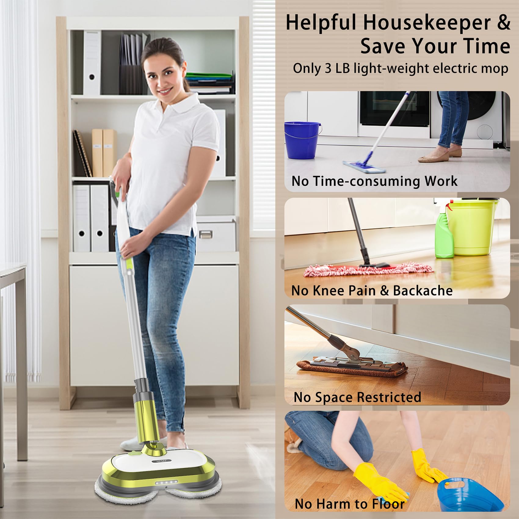 Cordless Electric Spin Mop with LED Headlight & Water Spray - 60 Min Runtime, 300ml Detachable Tank, Super Quiet Floor Cleaner & Waxing Machine - Perfect for Hardwood, Tile & Laminate Floors