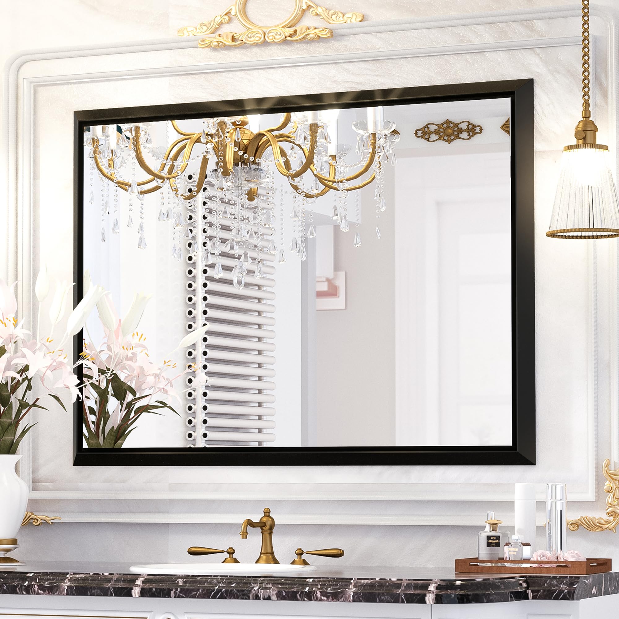 36 x 30 Inch Black Framed Bathroom Mirror - Rectangular Vanity Wall Mirror with Beveled Edge, Matte Black Frame for Modern Farmhouse Decor - Perfect for Bathroom, Bedroom, or Entryway (Horizontal/Vertical Mounting)