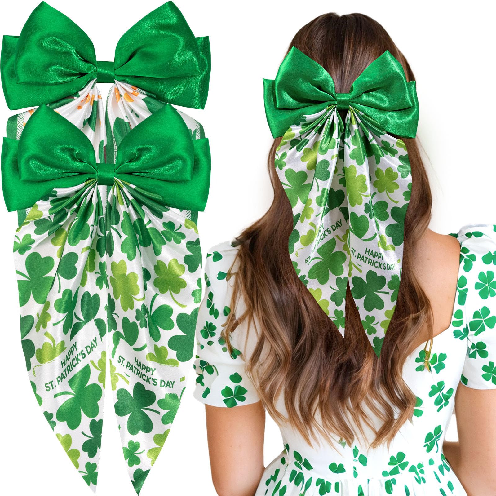 OAOLEER 2PCS St. Patrick's Day Hair Bows for Women & Girls - 8 Inch Green Satin Layered Hair Clips with Long Tail, French Style Hair Accessories for Parties, Weddings & Festive Events