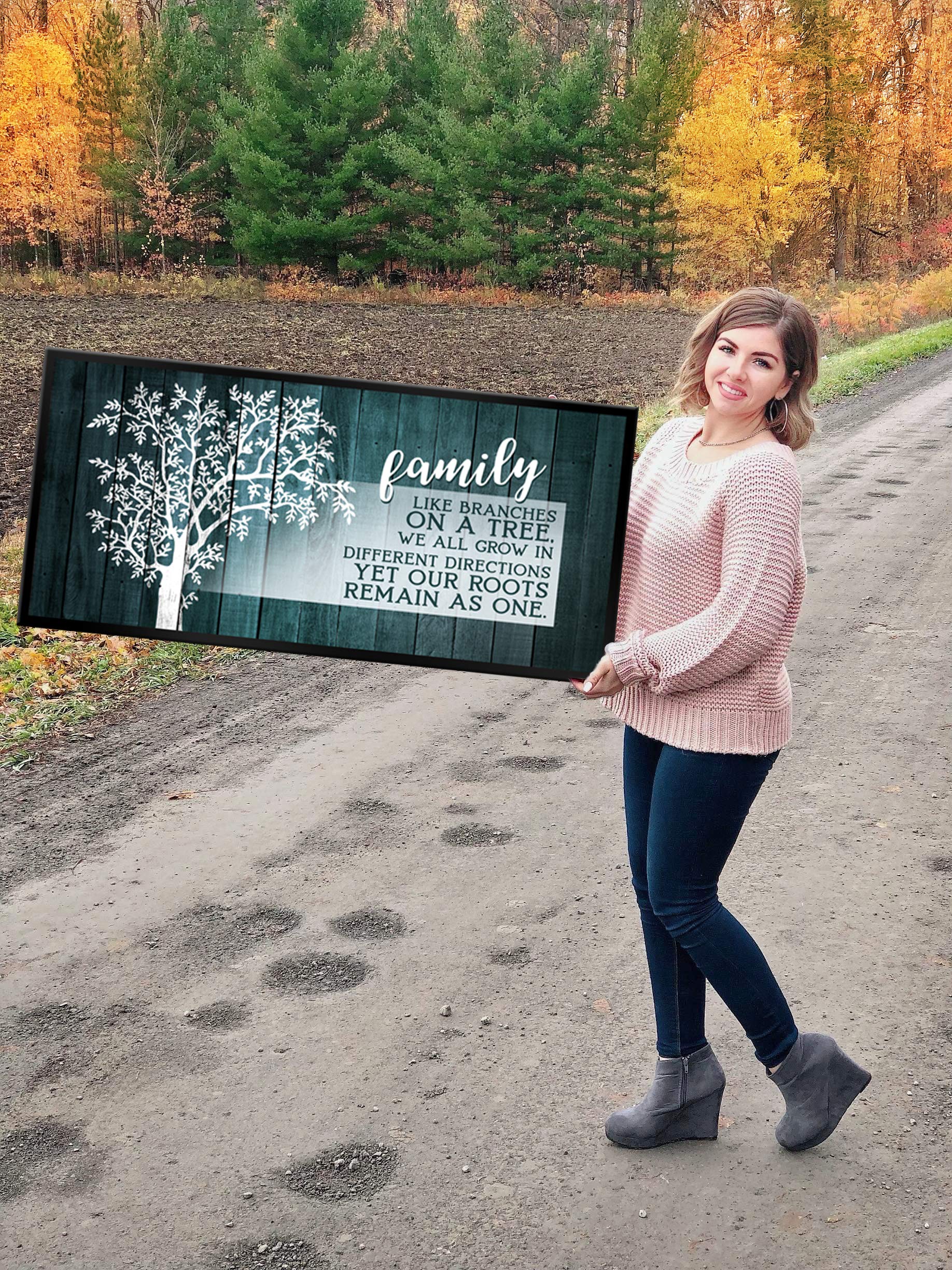 Family Tree Wall Art Plaque - Large Canvas Wall Decor for Living Room & Farmhouse - Teal Green with Black Floating Frame 42x19 - Perfect for Family Room, Bedroom & Home Décor