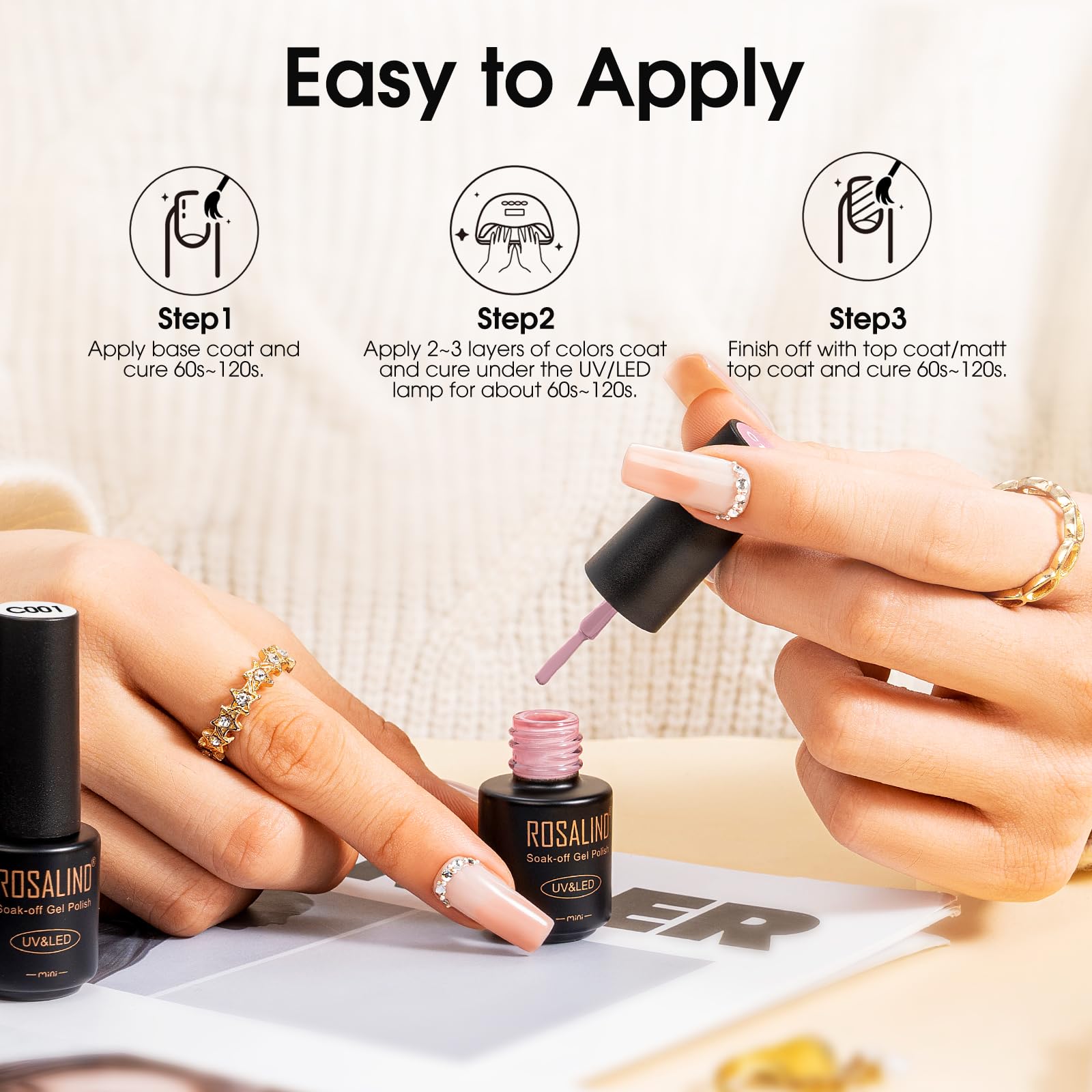 ROSALIND 60 PCS Gel Nail Polish Set with 5 Base & Top Coats - Soak Off UV/LED Nail Kit for Home & Salon Use | Matte & Glossy Finish | All-Season Nail Art Gift Set for Women