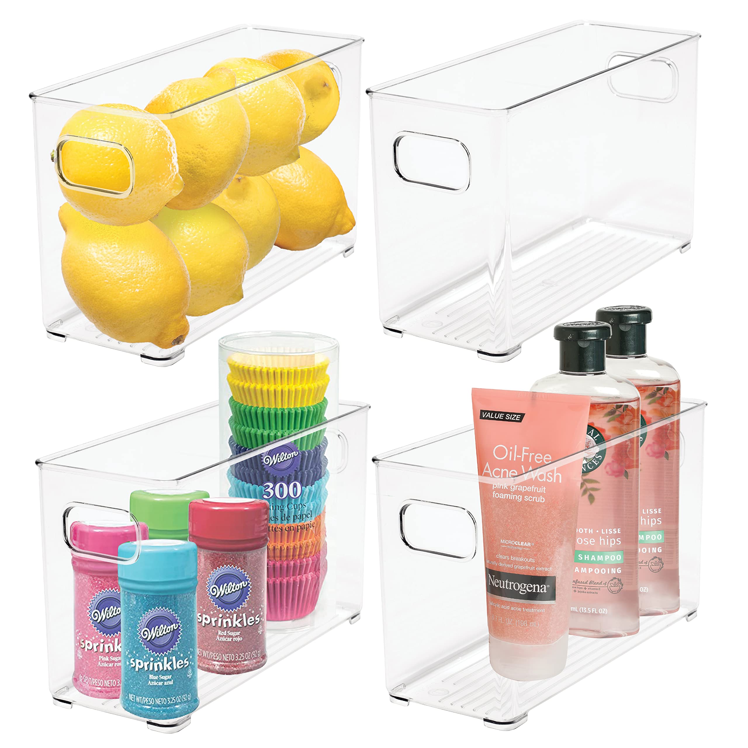 bHome & Co. 4-Pack Clear Acrylic Pantry Storage Containers with Handles - Kitchen Cabinet, Refrigerator, Freezer, Bathroom & Laundry Organization Bins for Home Storage Solutions | Perfect for Organizing Dry Food, Spices, Toiletries & Cleaning Supplies