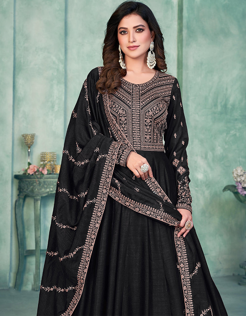 Elegant Black Art Silk Anarkali Pant Suit for Women - Perfect for Weddings, Parties & Festive Occasions
