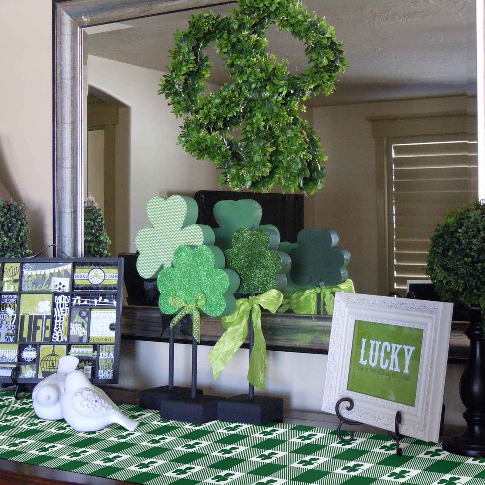 120 Inch St Patrick's Day Table Runner - Cotton Linen Irish Kitchen Dinner Tablecloth in Green White Buffalo Plaid | Perfect for Dining Tables, Dressers, Parties & Weddings | Festive Home Decor & Holiday Entertaining