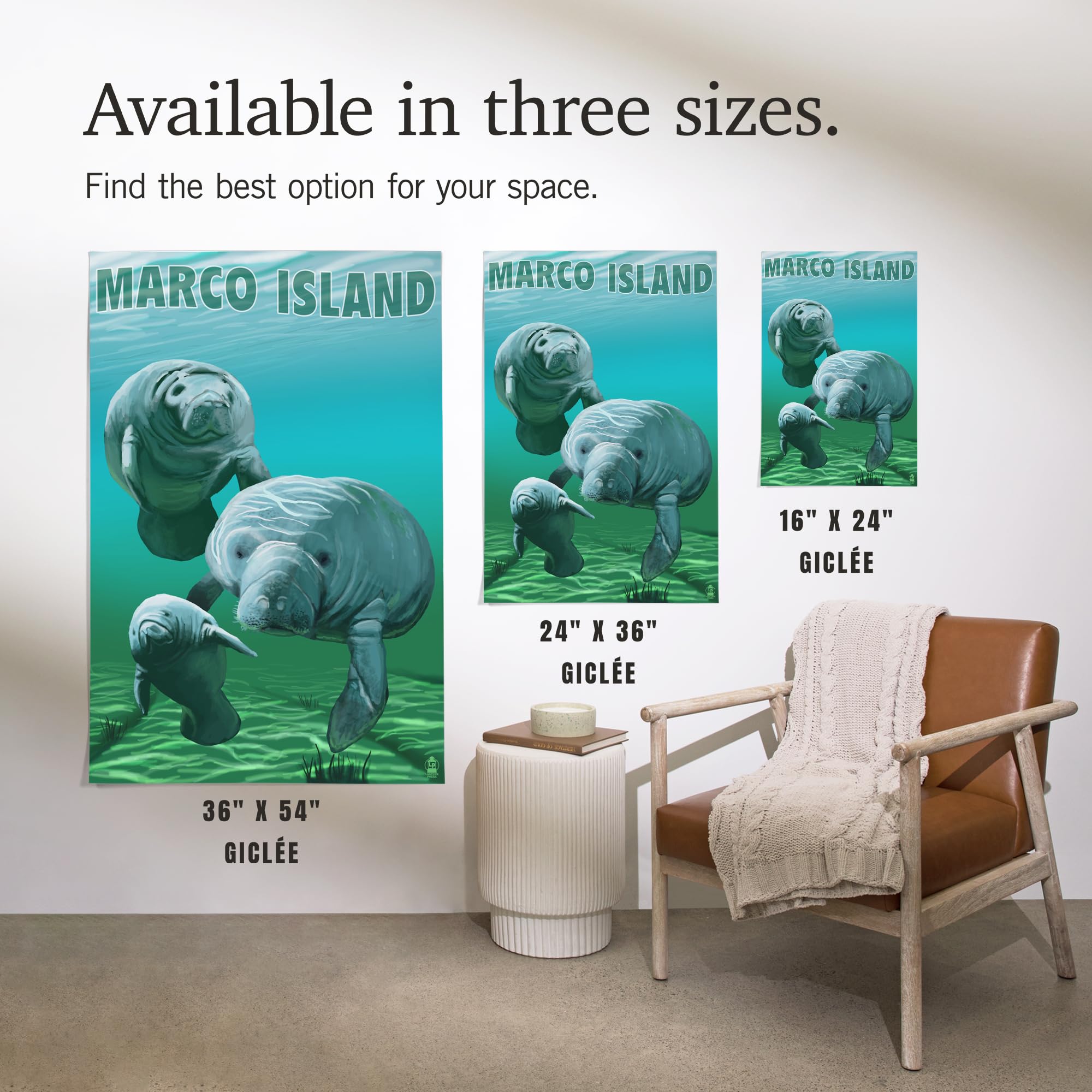 Lantern Press 24x36 Inch Giclee Art Print - Marco Island Manatees Wall Decor | Premium Canvas Painting for Living Room, Bedroom & Office