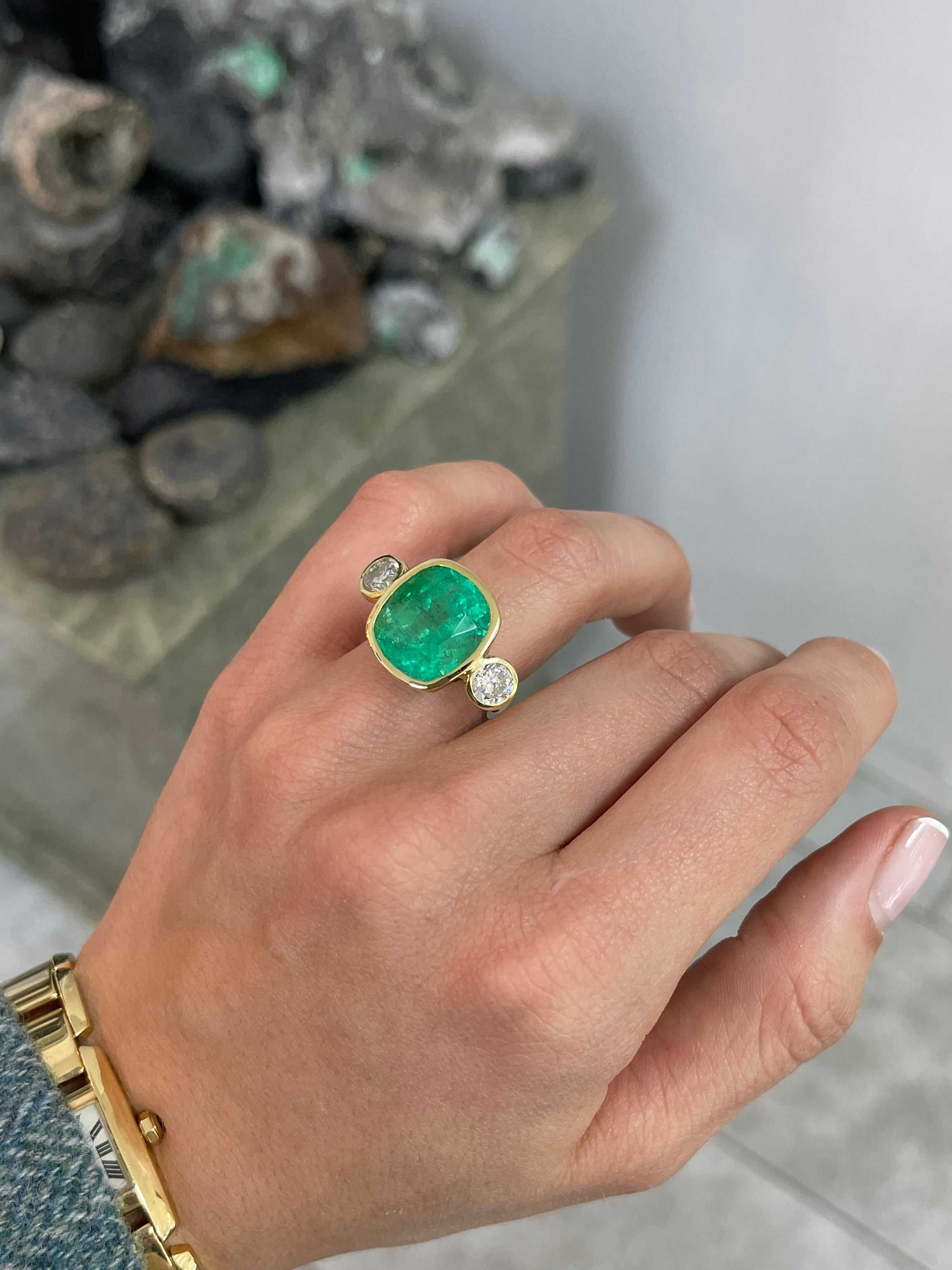 14.20tcw Colombian Emerald Cushion Cut & Diamond Bezel Three Stone Statement Ring in 18K Gold - Elegant Jewelry for Weddings, Anniversaries & Special Occasions