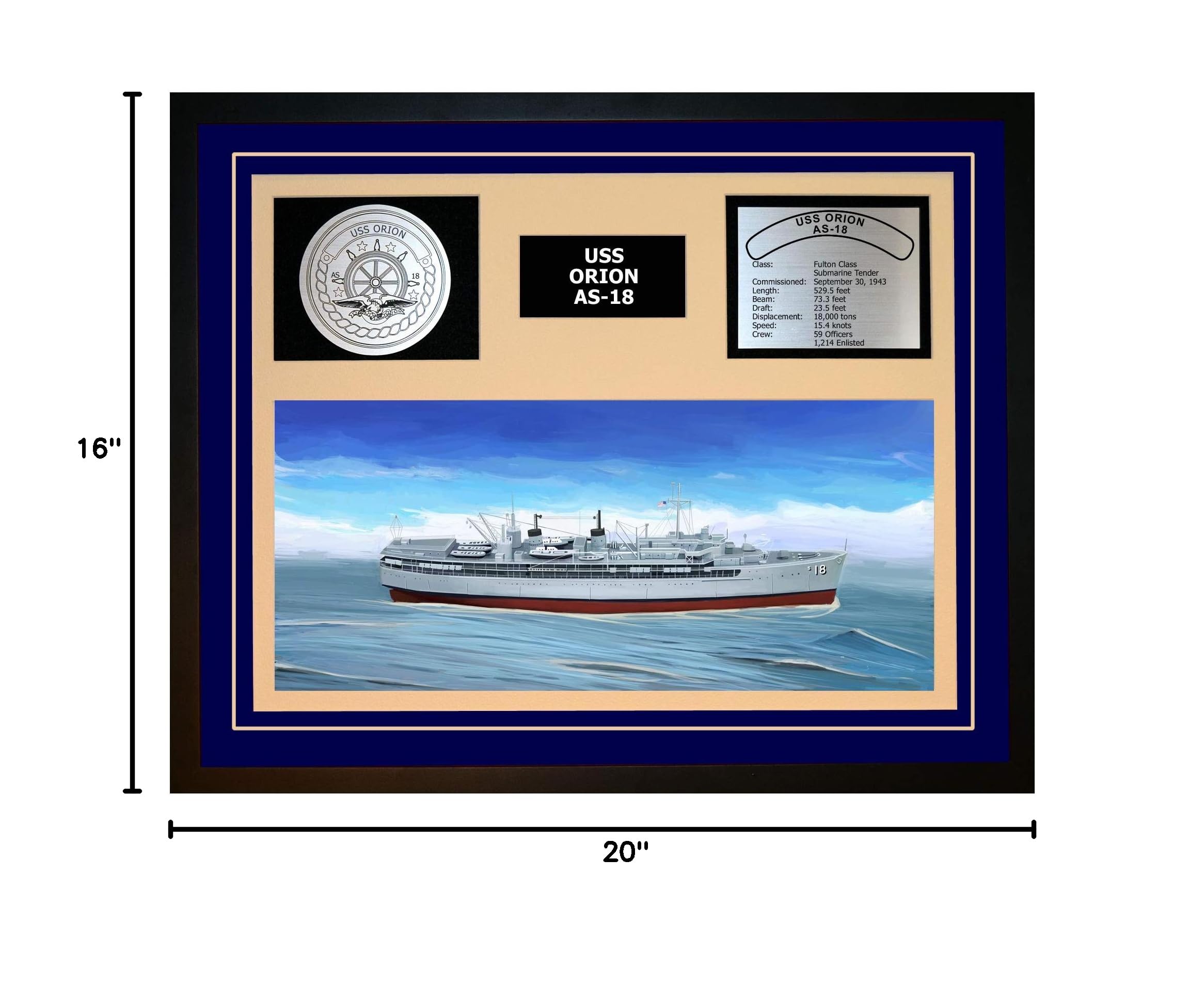 USS Orion AS 18 Navy Ship Model - Blue Framed Military Display for Home & Office Decor | Perfect Gift for Navy Veterans & Maritime Enthusiasts