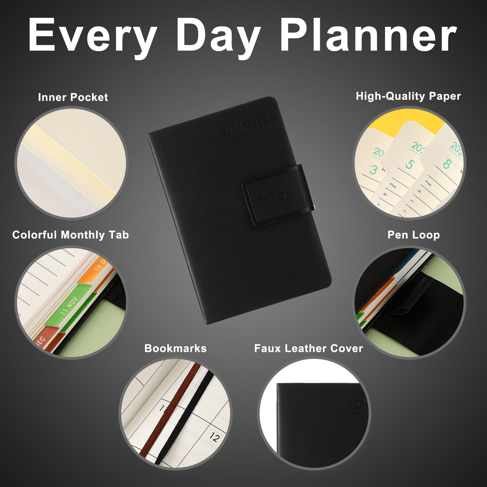 2024-2025 Daily Planner A5 Size | Mid-Year Academic Planner from 07/2024 to 06/2025 | Hard Cover with Colorful Monthly Tabs | Includes Pen Loop, Bookmark & Inner Pocket | Black | Perfect for Students, Professionals & Organizing Schedules