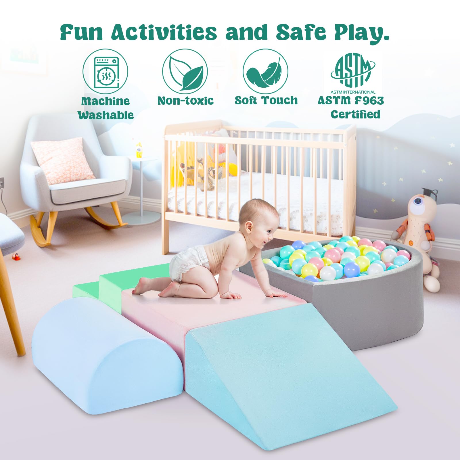 Best Foam Climbing Blocks for Toddlers 1-3 Years - 5-Piece Soft Play Set with Ball Pit (Balls Not Included) - Indoor Climbing & Crawling Activity Toys - Perfect Birthday Gift for Boys & Girls - Great for Playrooms, Daycares and Home Play Areas