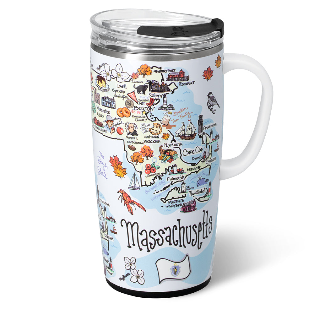 22oz Massachusetts Insulated Travel Mug - Double Wall Vacuum Stainless Steel Coffee Tumbler for Hot & Cold Drinks - Perfect for Commuting, Camping, and Outdoor Adventures