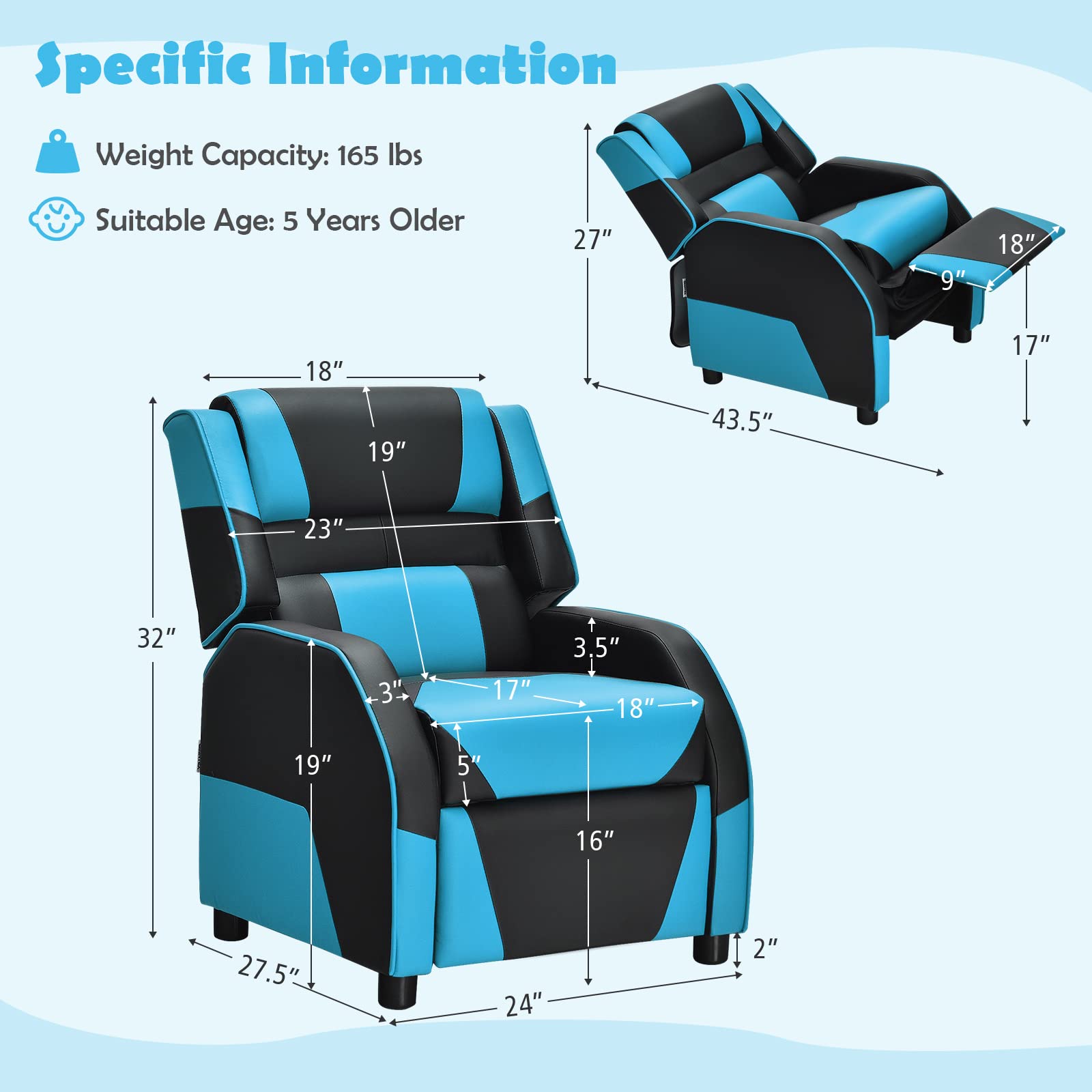 COSTWAY Kids Recliner Sofa - Adjustable Toddler Leather Recliner Chair with Footrest & Headrest, Gaming Reclining Chair for Boys & Girls Ages 3+, Perfect for Living Room, Bedroom & Playroom (Blue) - Ideal for Movie Nights, Gaming & Relaxing