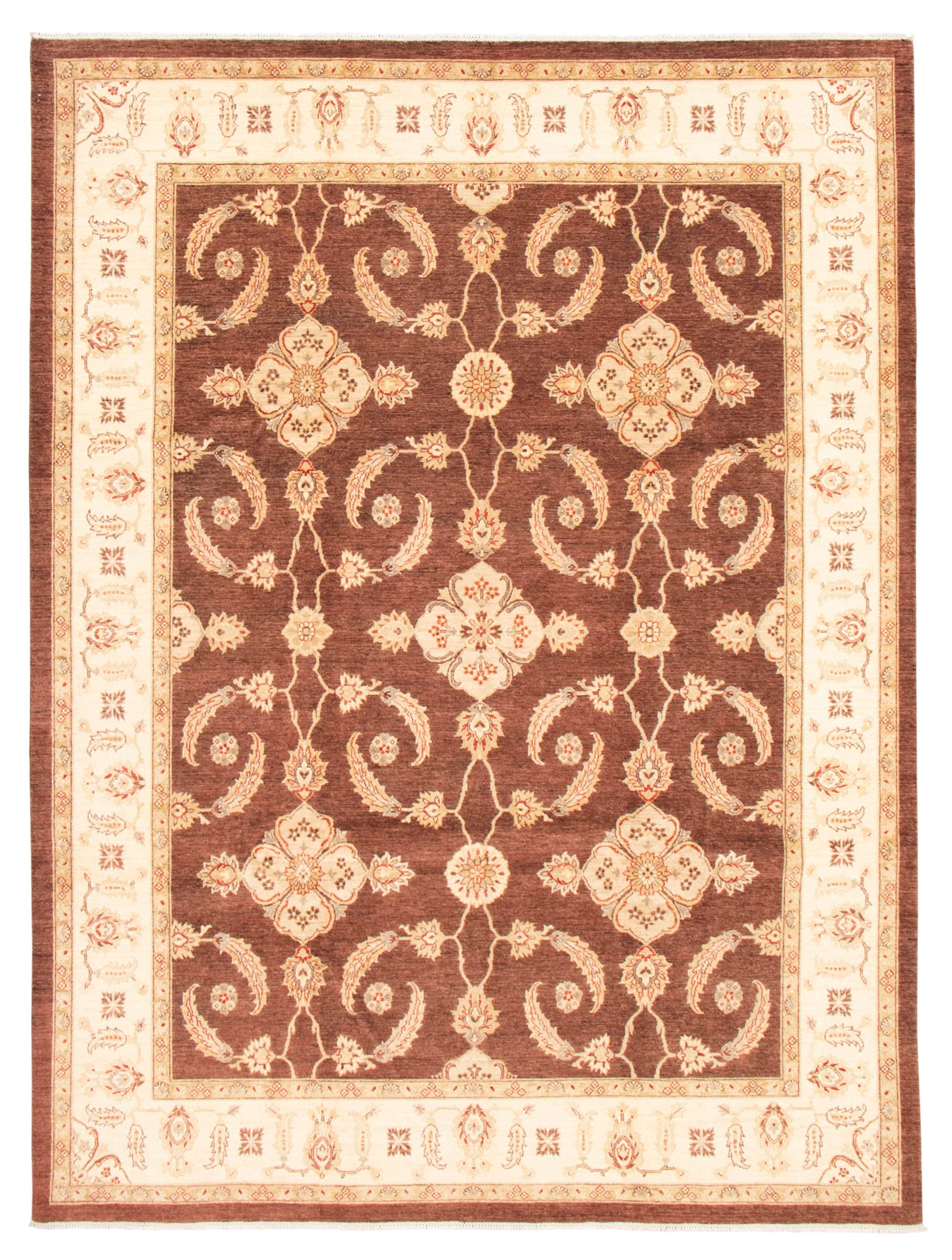 Hand-Knotted Wool Area Rug 9'x12' - Peshawar Oushak Brown Border for Living Room, Bedroom, Dining Room | Soft & Durable Persian Style Carpet | Home Decor & Floor Covering for Cozy Spaces