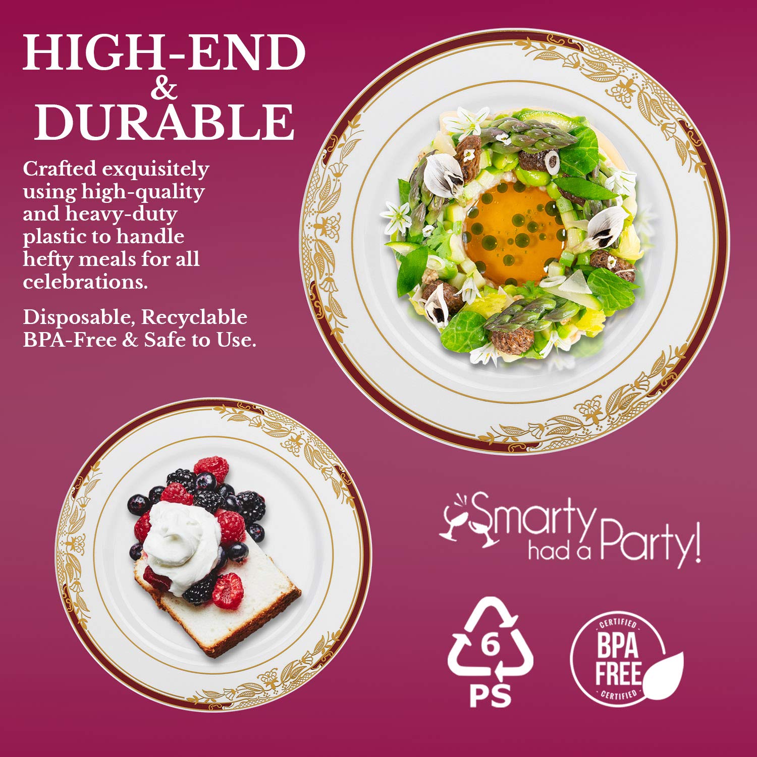 Premium Heavy Duty Disposable Plastic Dinnerware Sets - Elegant Gold & Burgundy Wedding Plates, Forks, Knives (120-Piece Value Pack) | Perfect for Weddings, Birthdays, Parties & Special Events | Durable & Stylish Tableware for Large Gatherings