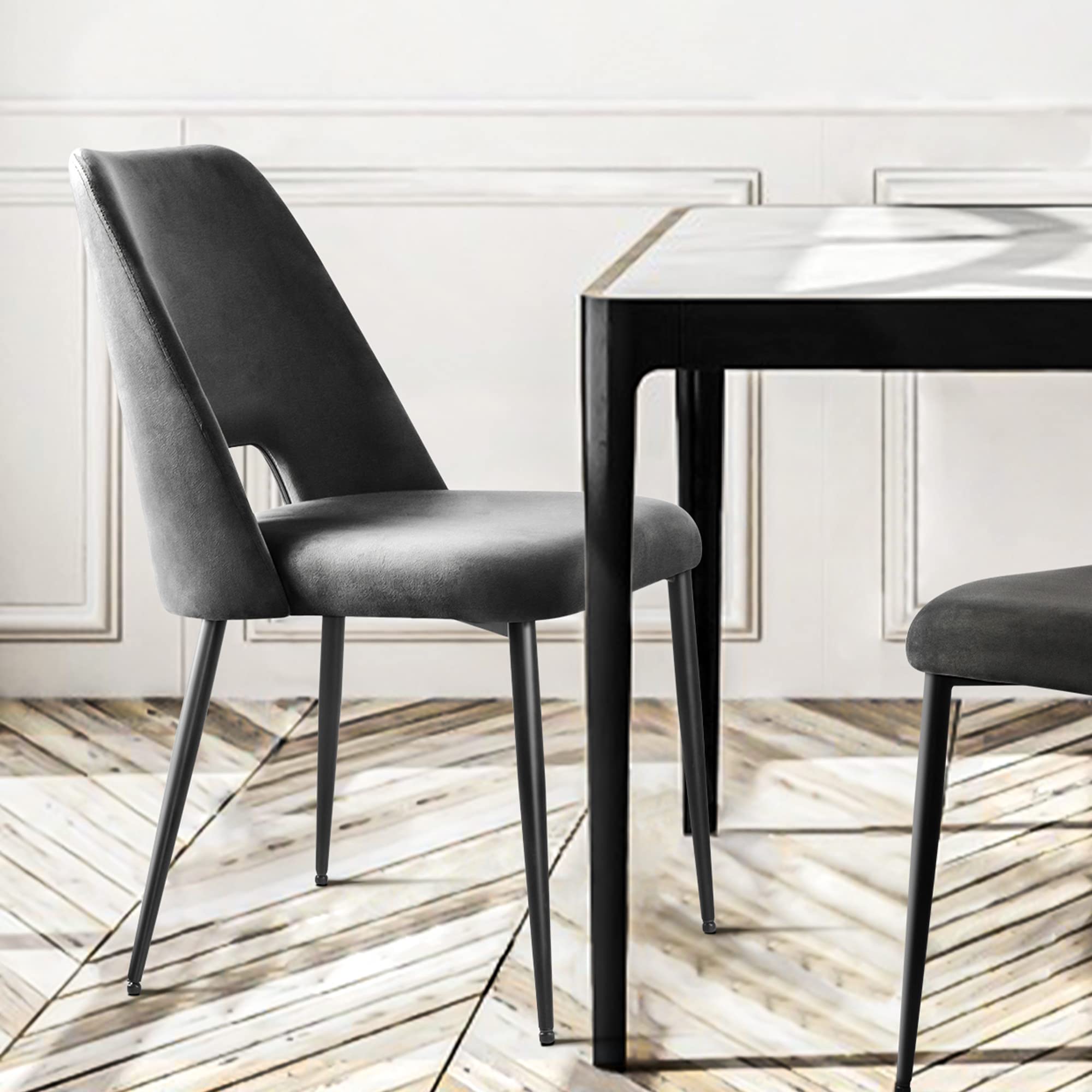 Modern Velvet Dining Chairs Set of 2 - Thick Cushioned Kitchen & Dining Room Chairs with Sturdy Metal Legs - Elegant Black Upholstered Seating for Home, Restaurant or Office Use
